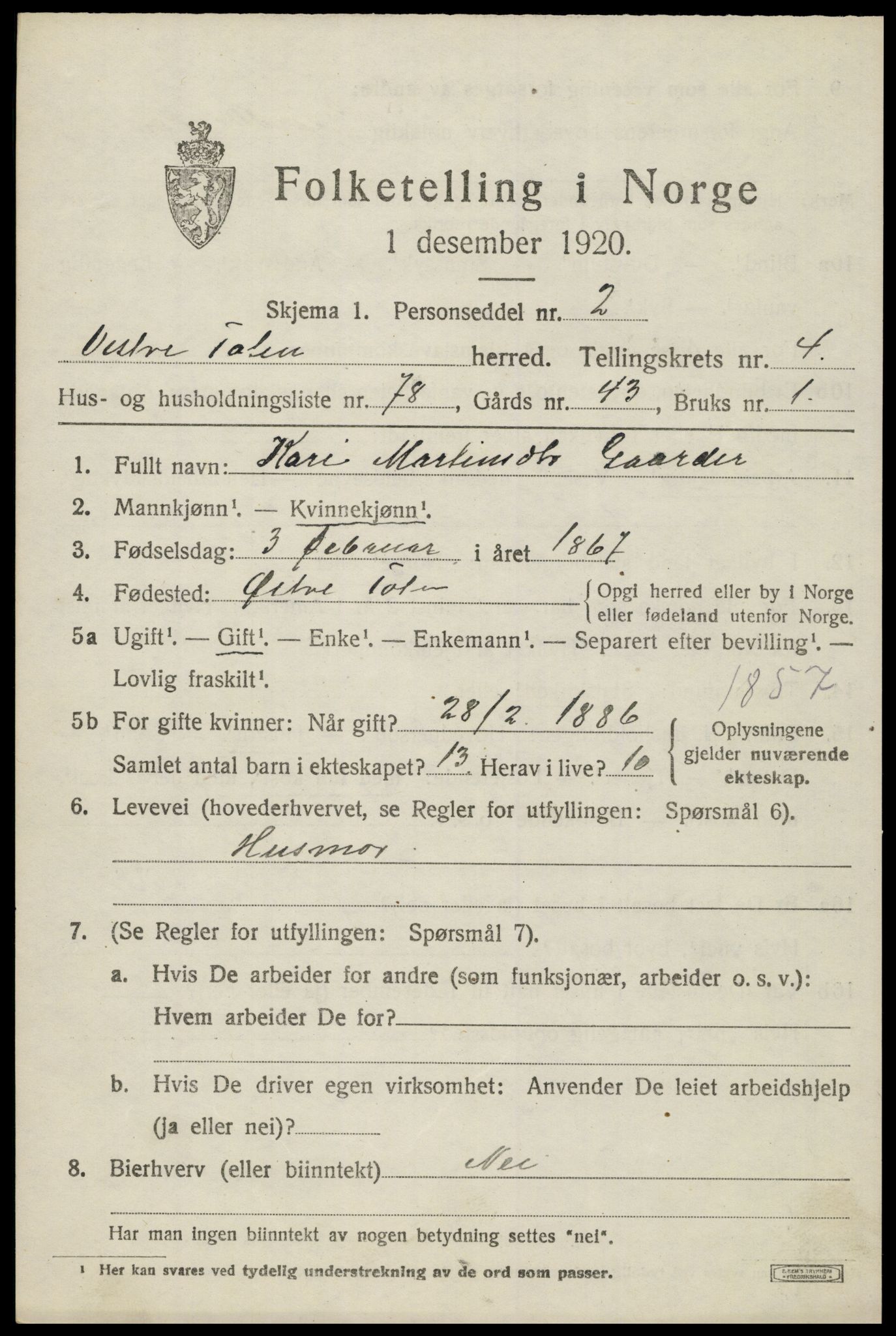 SAH, 1920 census for Vestre Toten, 1920, p. 7142