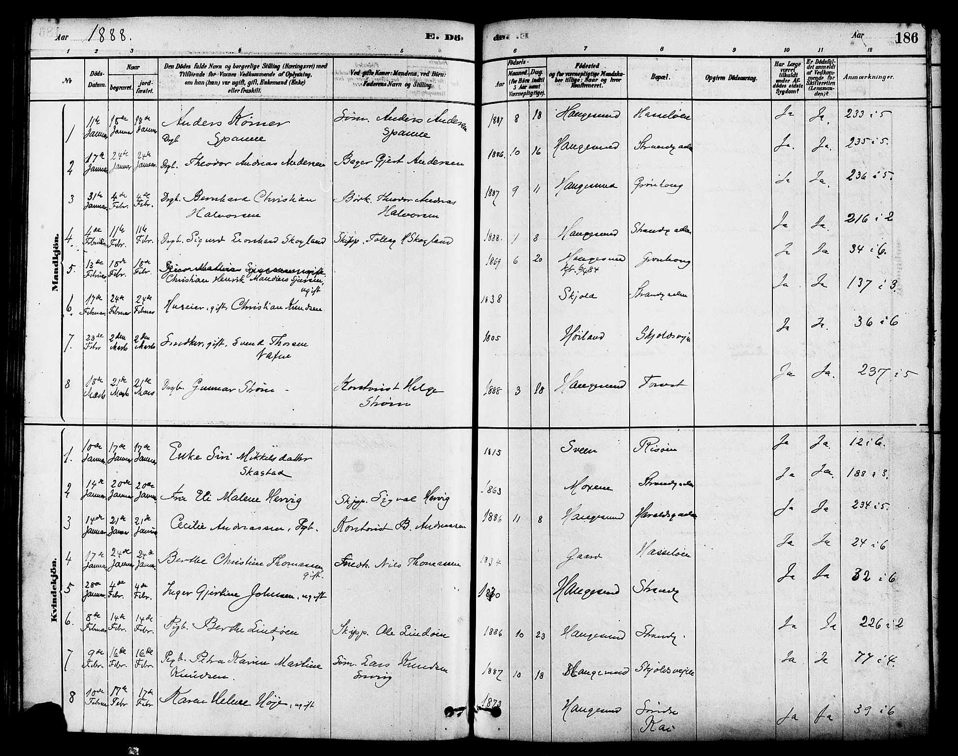 Haugesund sokneprestkontor, SAST/A -101863/H/Ha/Haa/L0003: Parish register (official) no. A 3, 1885-1890, p. 186