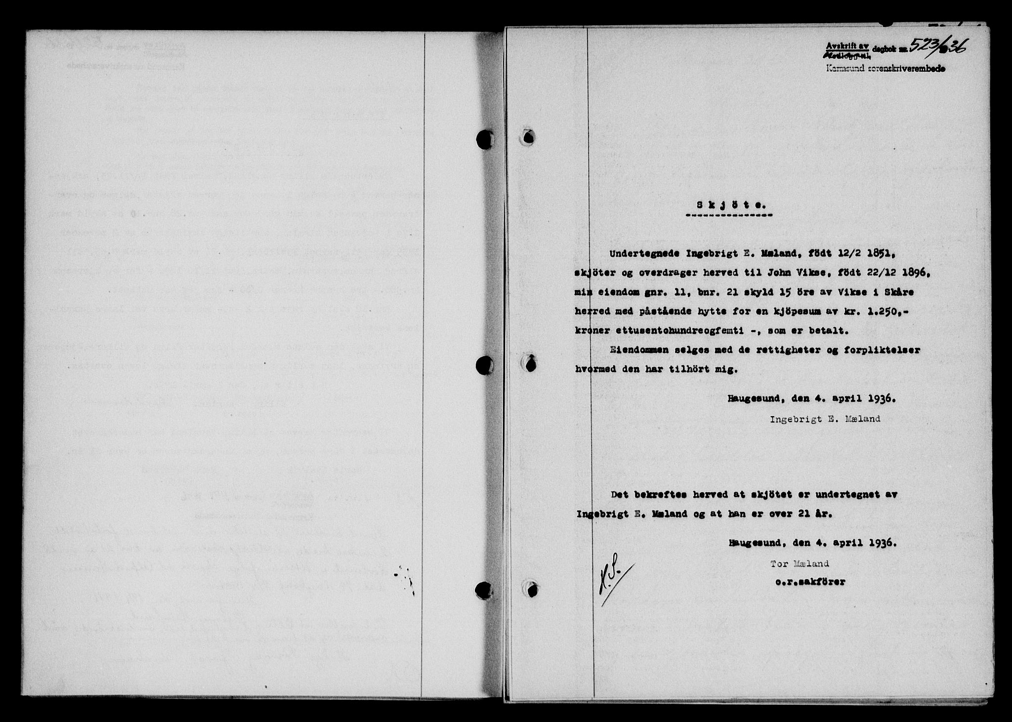 Karmsund sorenskriveri, SAST/A-100311/01/II/IIB/L0066: Mortgage book no. 47A, 1936-1936, Diary no: : 523/1936