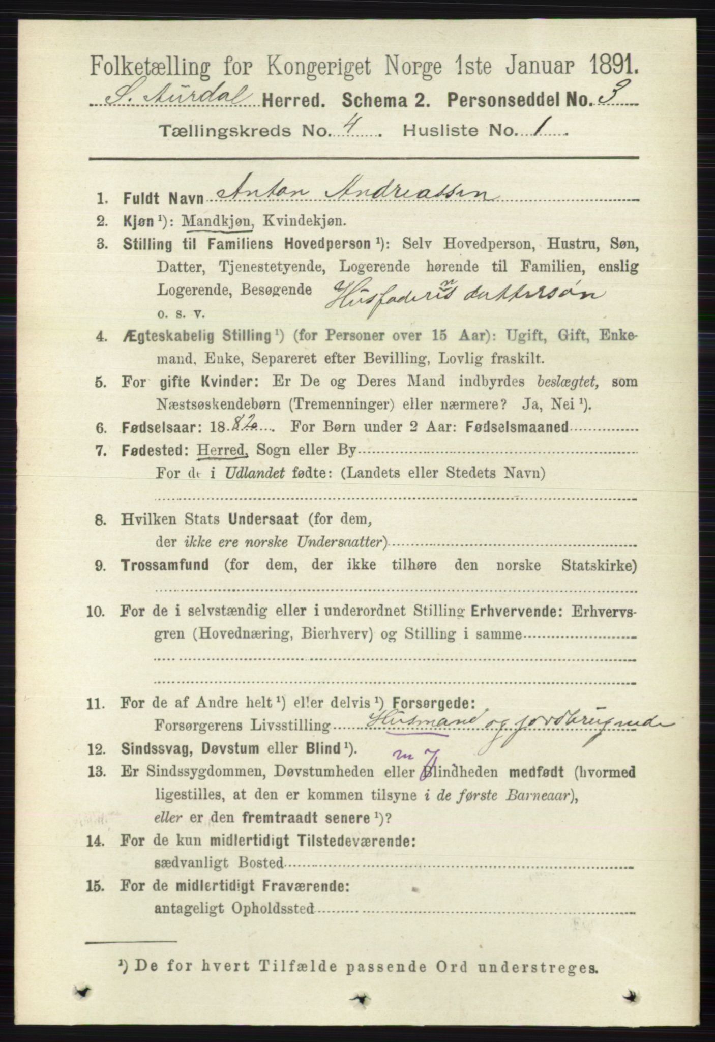 RA, 1891 census for 0540 Sør-Aurdal, 1891, p. 2401