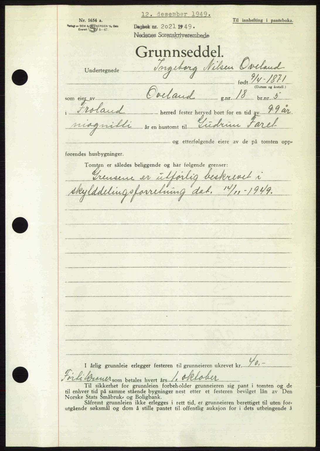 Nedenes sorenskriveri, SAK/1221-0006/G/Gb/Gba/L0061: Mortgage book no. A13, 1949-1949, Diary no: : 2021/1949