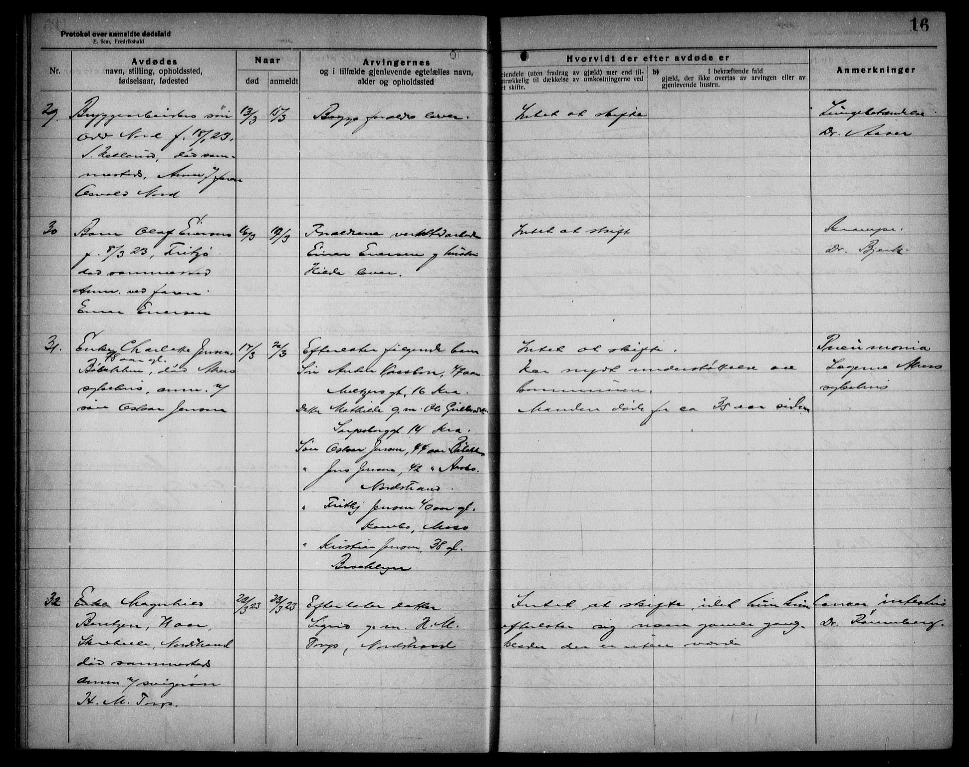 Aker kriminaldommer, skifte- og auksjonsforvalterembete, AV/SAO-A-10452/H/Hb/Hba/Hbad/L0001: Dødsfallsprotokoll for Nordstrand, 1922-1929, p. 16
