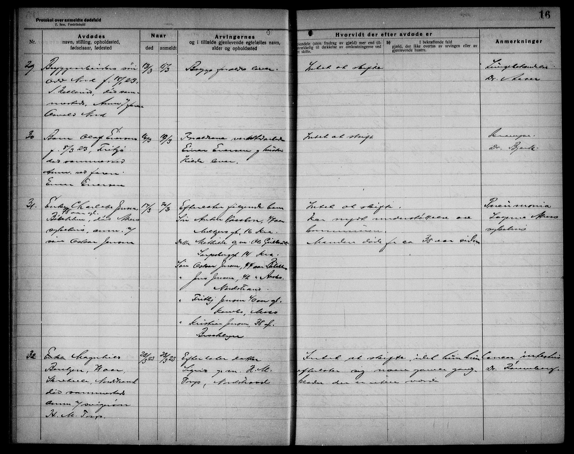 Aker kriminaldommer, skifte- og auksjonsforvalterembete, AV/SAO-A-10452/H/Hb/Hba/Hbad/L0001: Dødsfallsprotokoll for Nordstrand, 1922-1929, p. 16