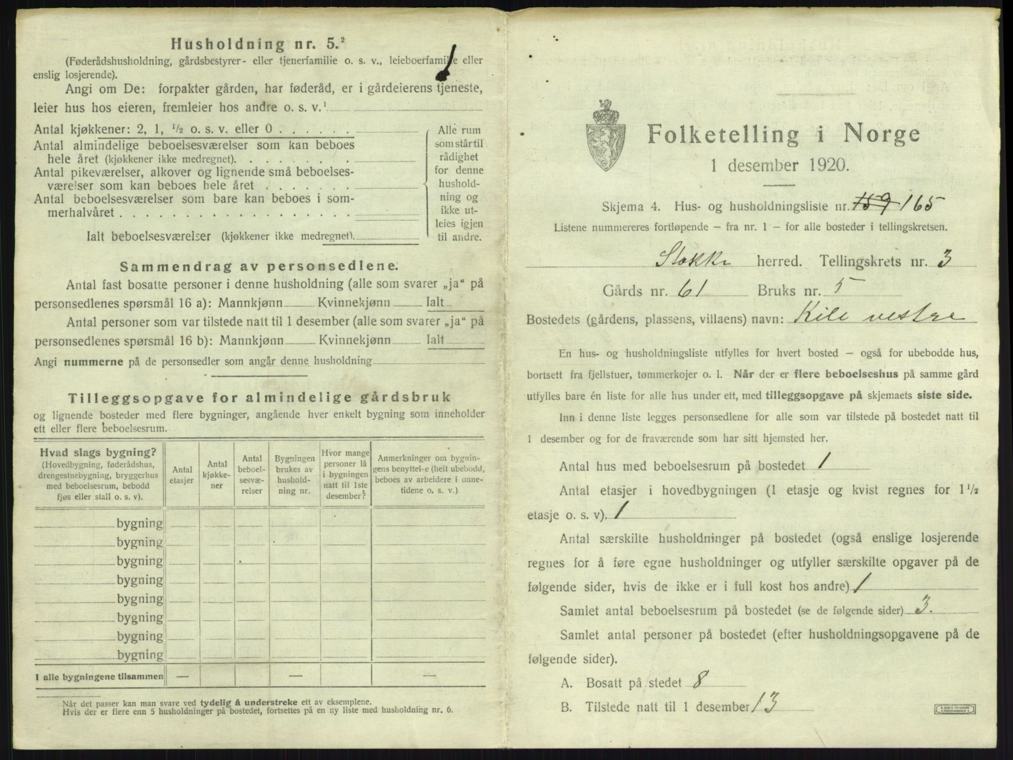 SAKO, 1920 census for Stokke, 1920, p. 803