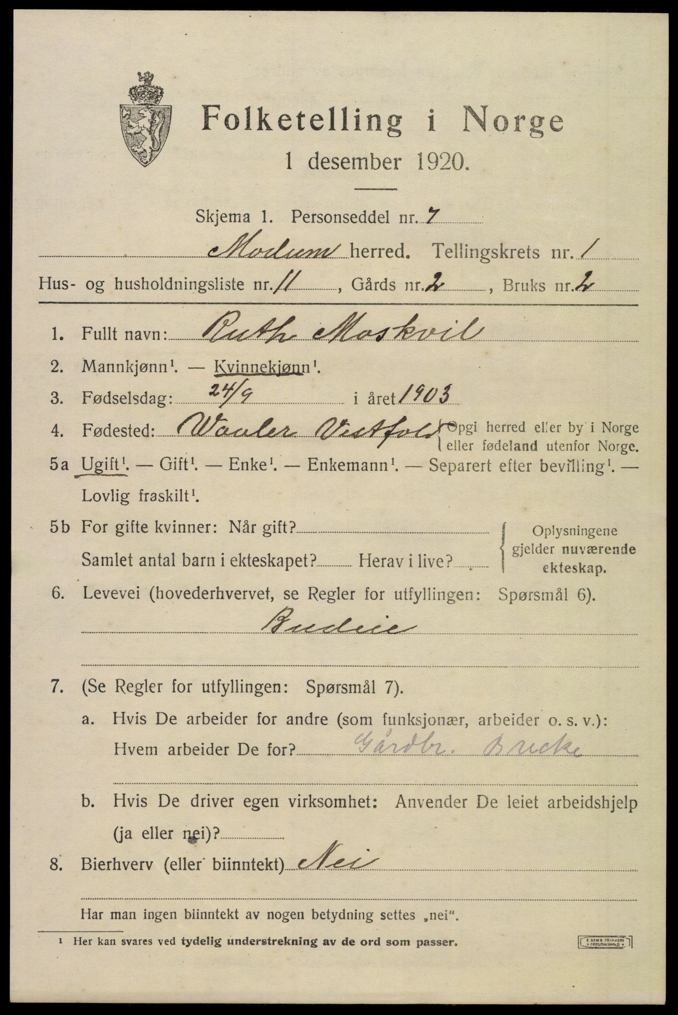 SAKO, 1920 census for Modum, 1920, p. 4209