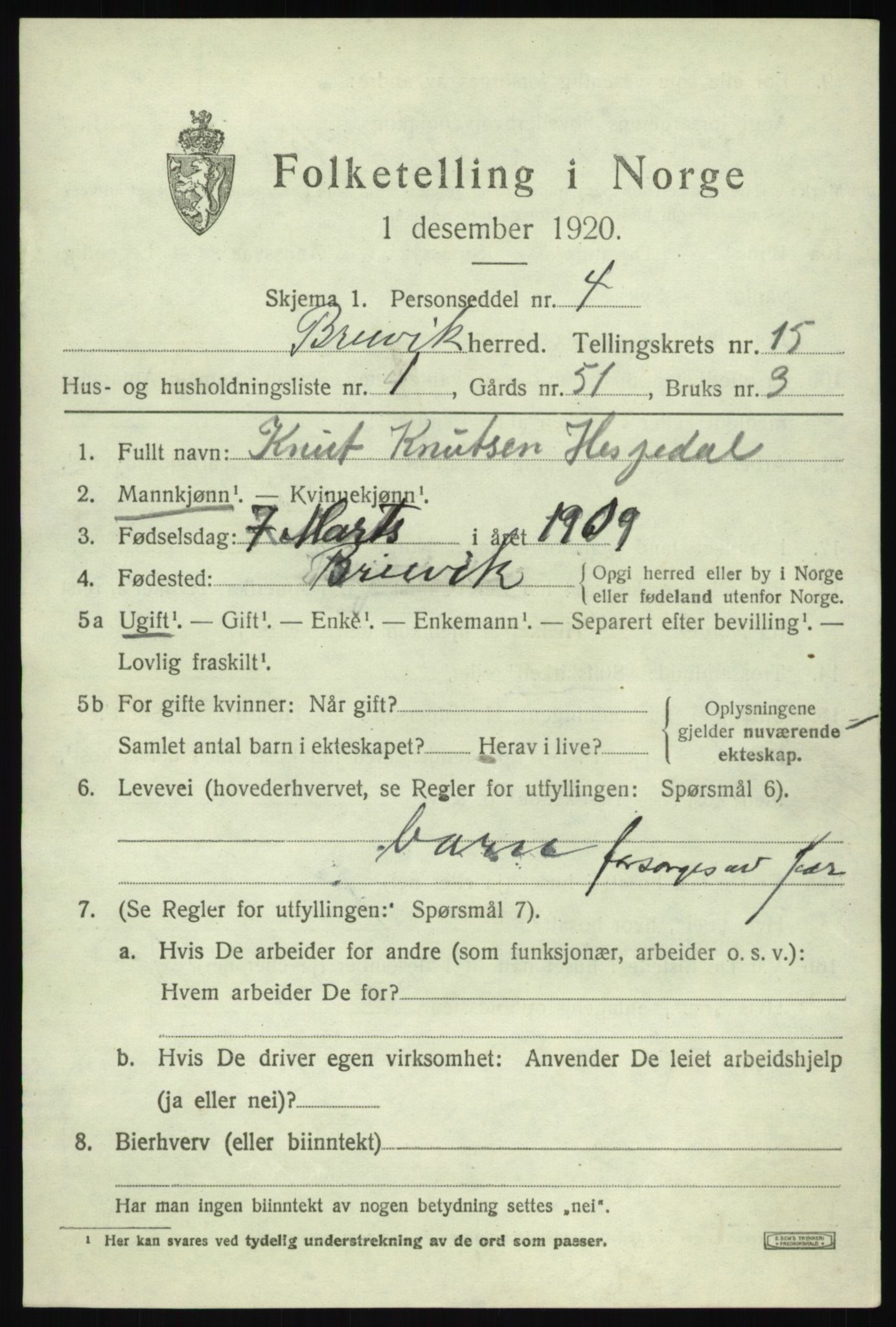 SAB, 1920 census for Bruvik, 1920, p. 9146