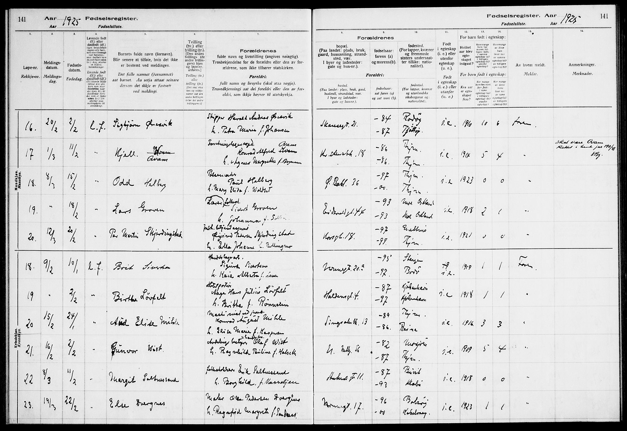 Ministerialprotokoller, klokkerbøker og fødselsregistre - Sør-Trøndelag, AV/SAT-A-1456/604/L0233: Birth register no. 604.II.4.2, 1920-1928, p. 141