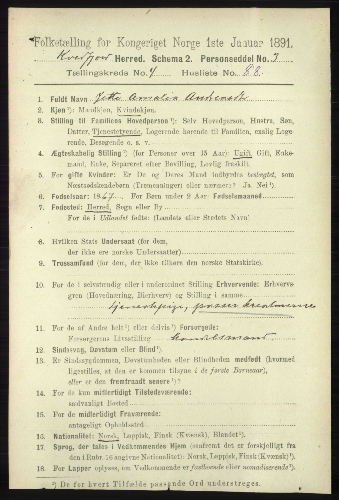 RA, 1891 census for 1911 Kvæfjord, 1891, p. 2504