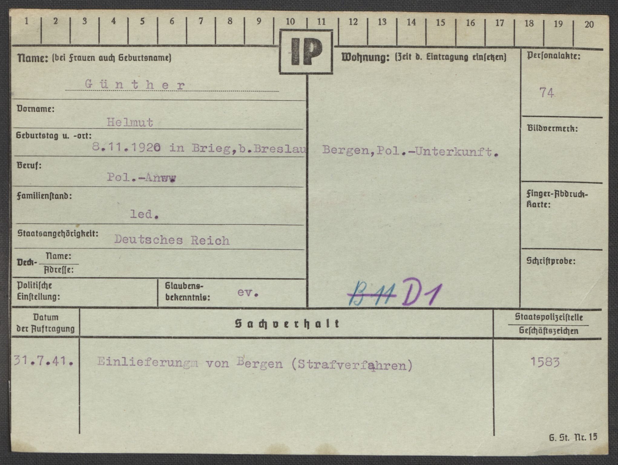 Befehlshaber der Sicherheitspolizei und des SD, RA/RAFA-5969/E/Ea/Eaa/L0003: Register over norske fanger i Møllergata 19: Eng-Hag, 1940-1945, p. 1334