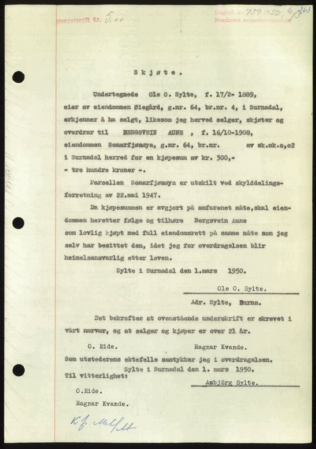 Nordmøre sorenskriveri, AV/SAT-A-4132/1/2/2Ca: Mortgage book no. A114, 1950-1950, Diary no: : 739/1950