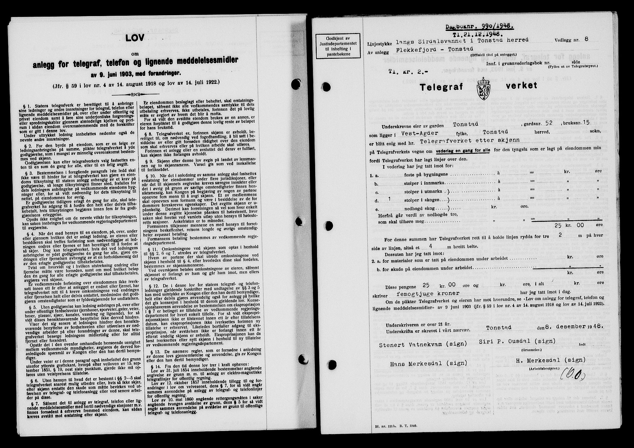 Flekkefjord sorenskriveri, SAK/1221-0001/G/Gb/Gba/L0064: Mortgage book no. A-12, 1948-1949, Diary no: : 990/1948