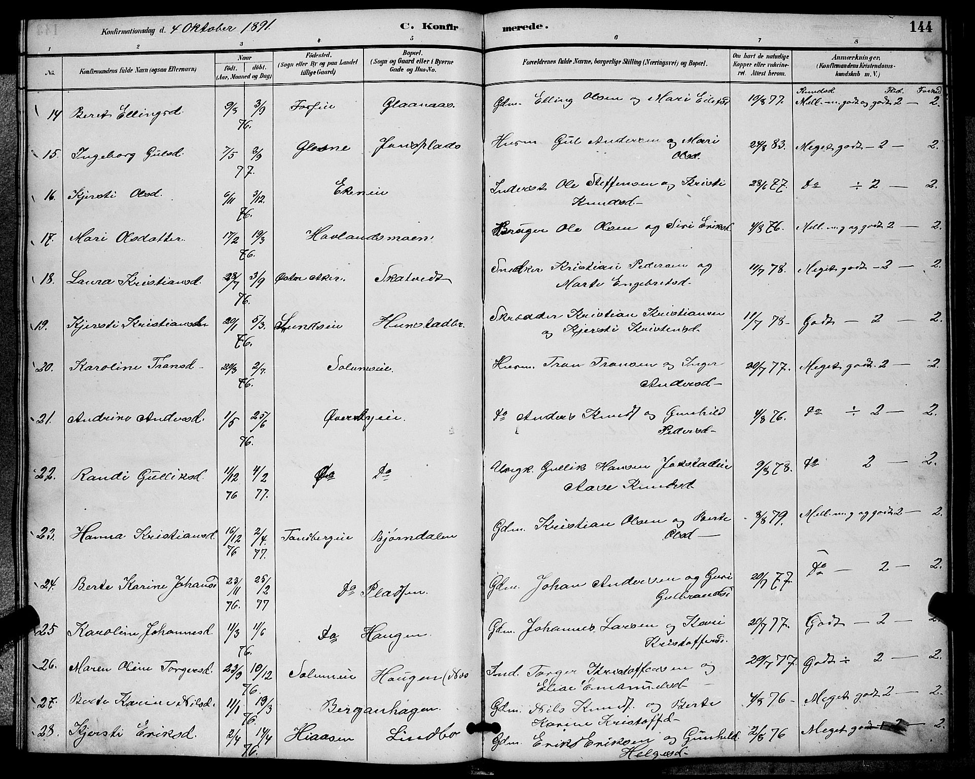 Sigdal kirkebøker, AV/SAKO-A-245/G/Ga/L0005: Parish register (copy) no. I 5, 1886-1900, p. 144