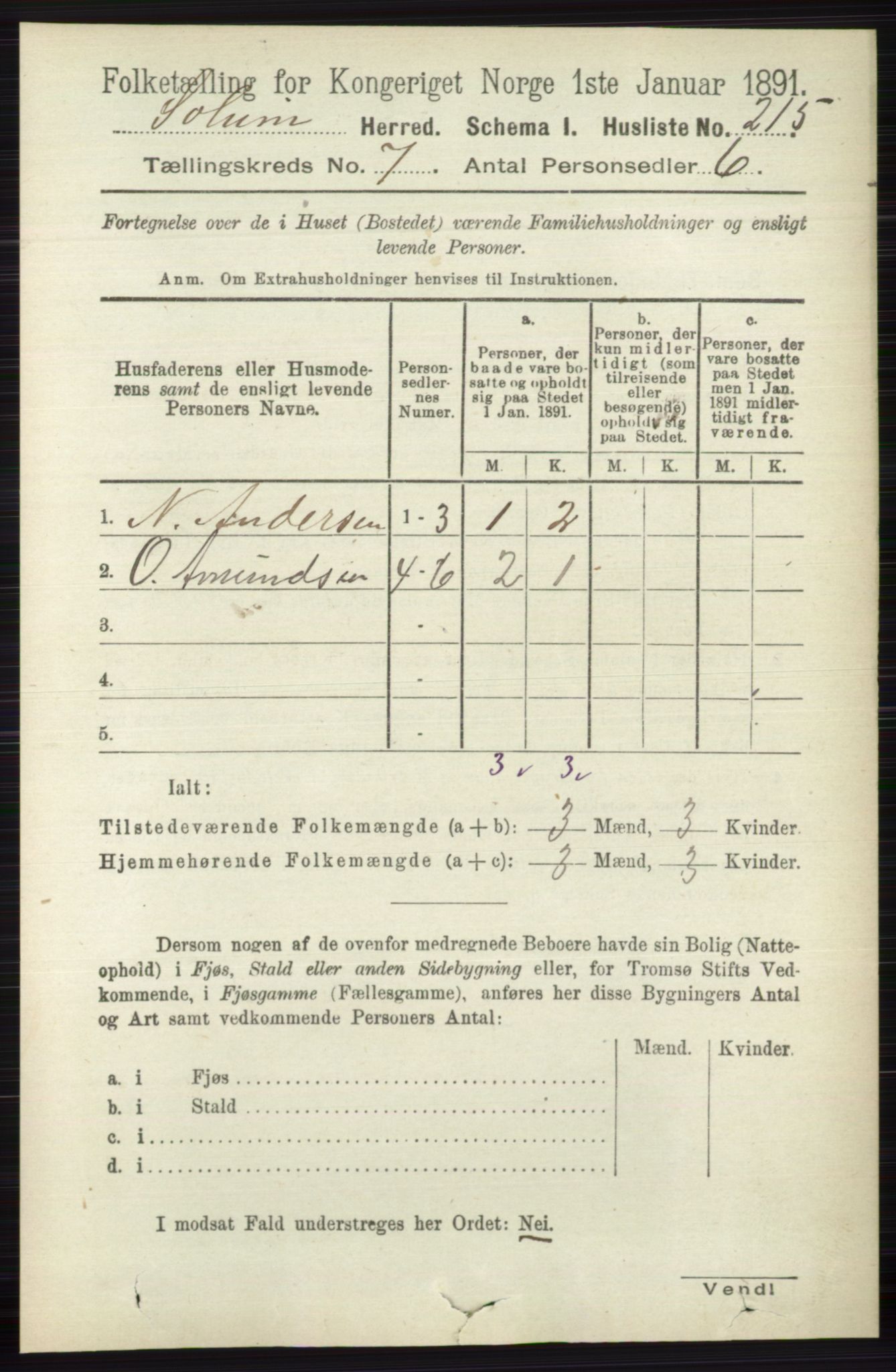 RA, 1891 census for 0818 Solum, 1891, p. 2704