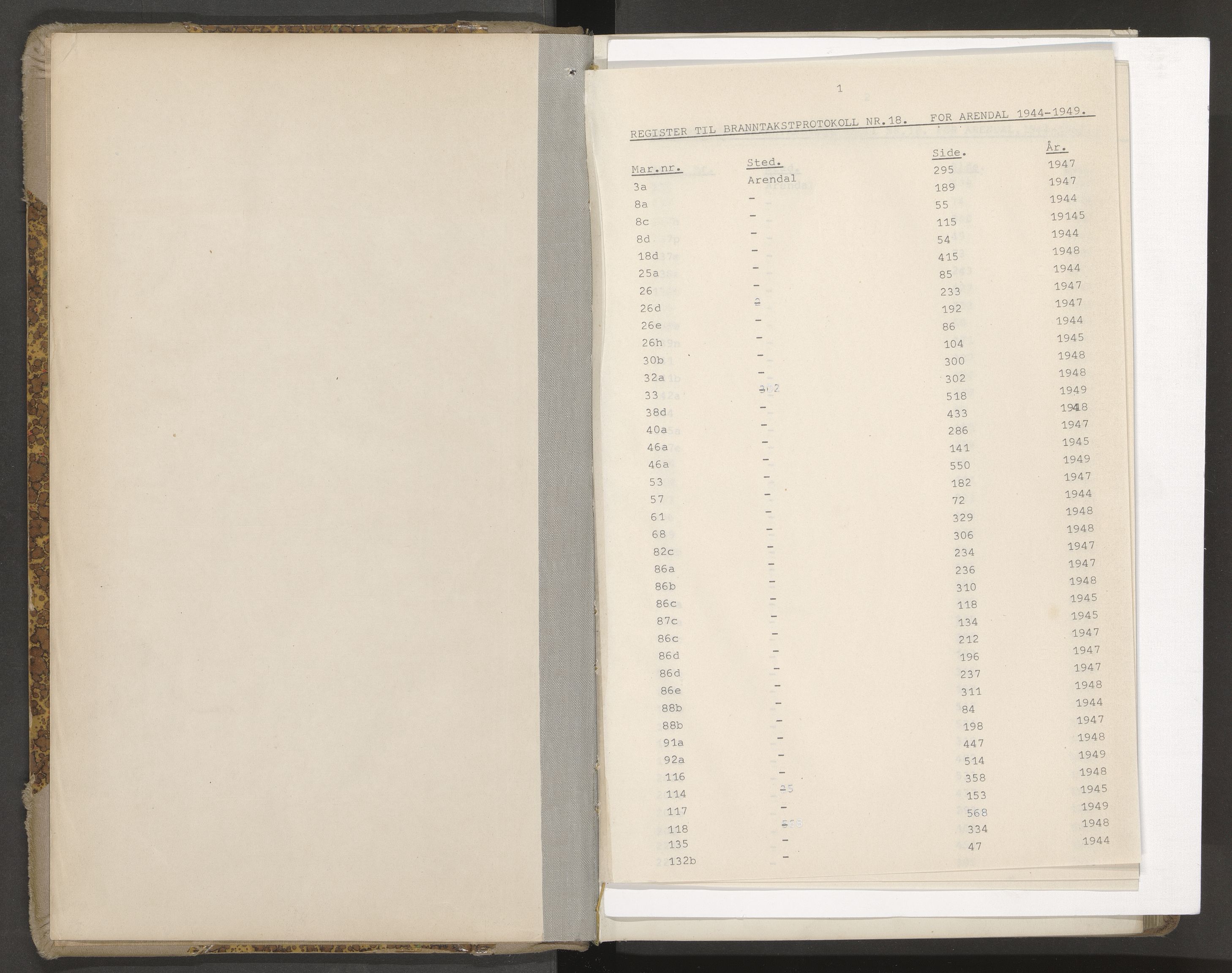Norges Brannkasse Arendal, AV/SAK-2241-0002/F/Fa/L0035: Branntakstprotokoll nr. 33 med matrikkelnummerregister, 1944-1949