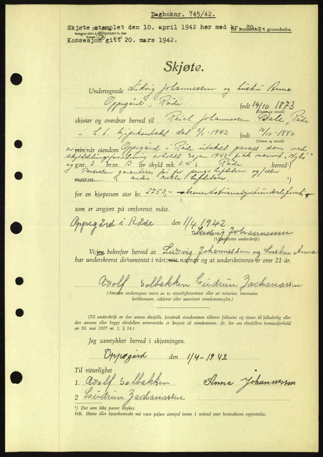 Moss sorenskriveri, SAO/A-10168: Mortgage book no. A9, 1941-1942, Diary no: : 745/1942