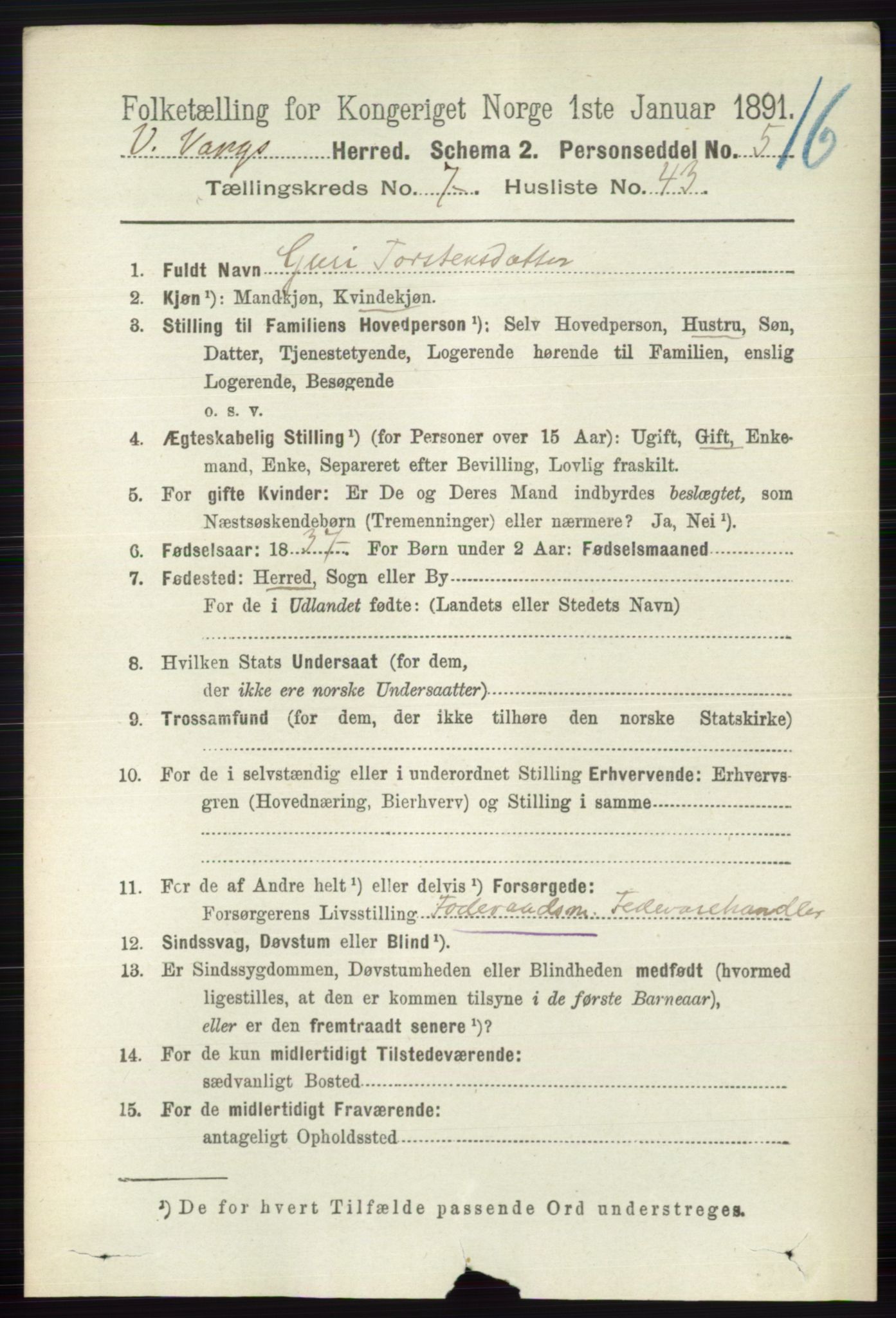 RA, 1891 census for 0545 Vang, 1891, p. 1695