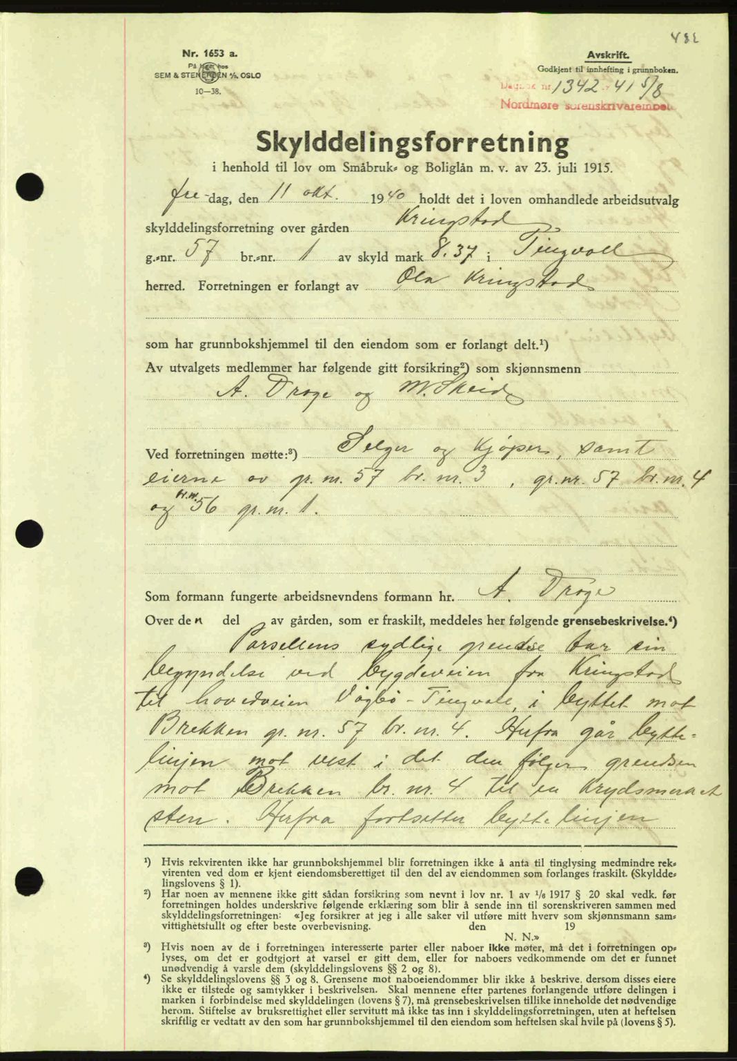 Nordmøre sorenskriveri, SAT/A-4132/1/2/2Ca: Mortgage book no. A90, 1941-1941, Diary no: : 1342/1941