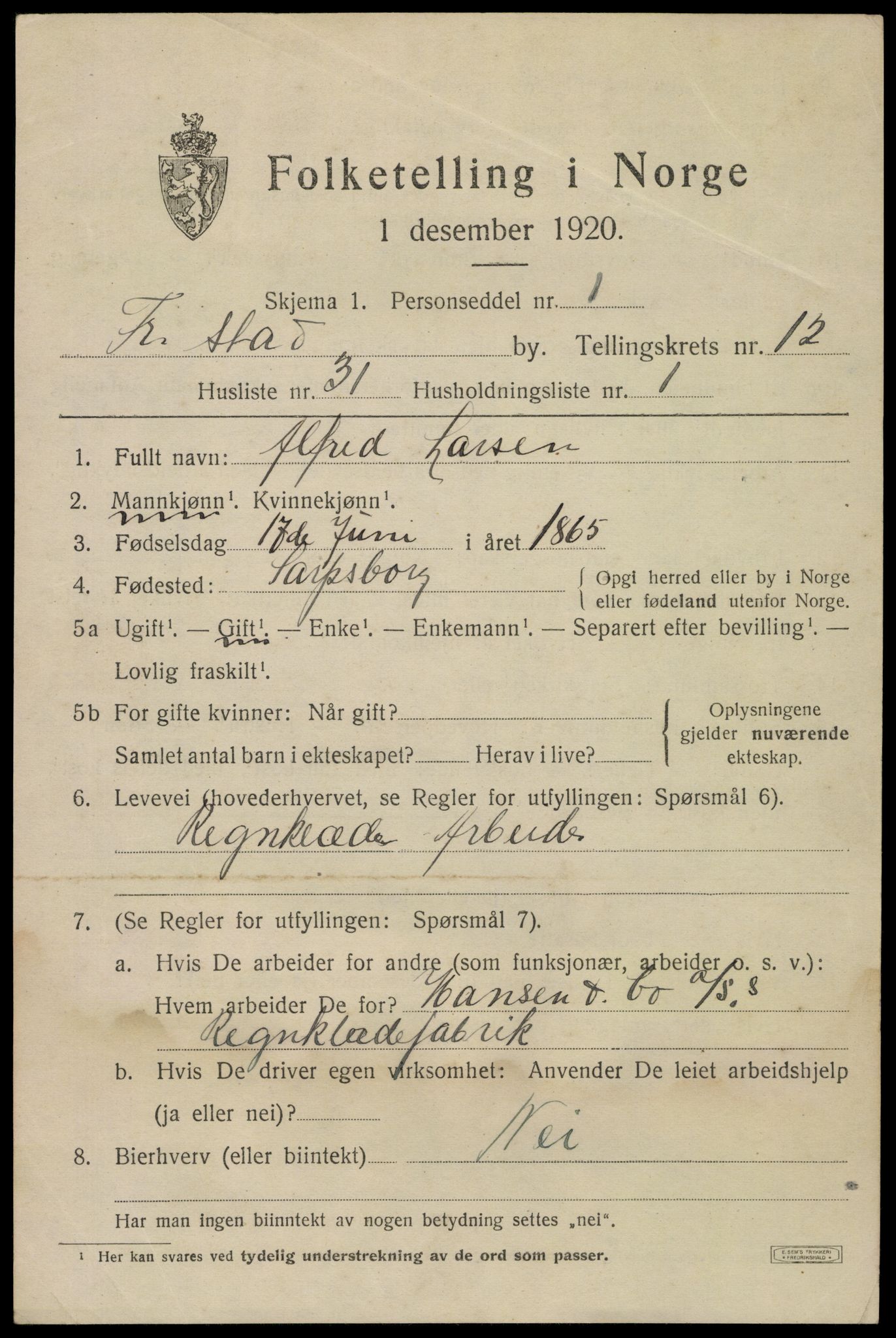 SAO, 1920 census for Fredrikstad, 1920, p. 31069