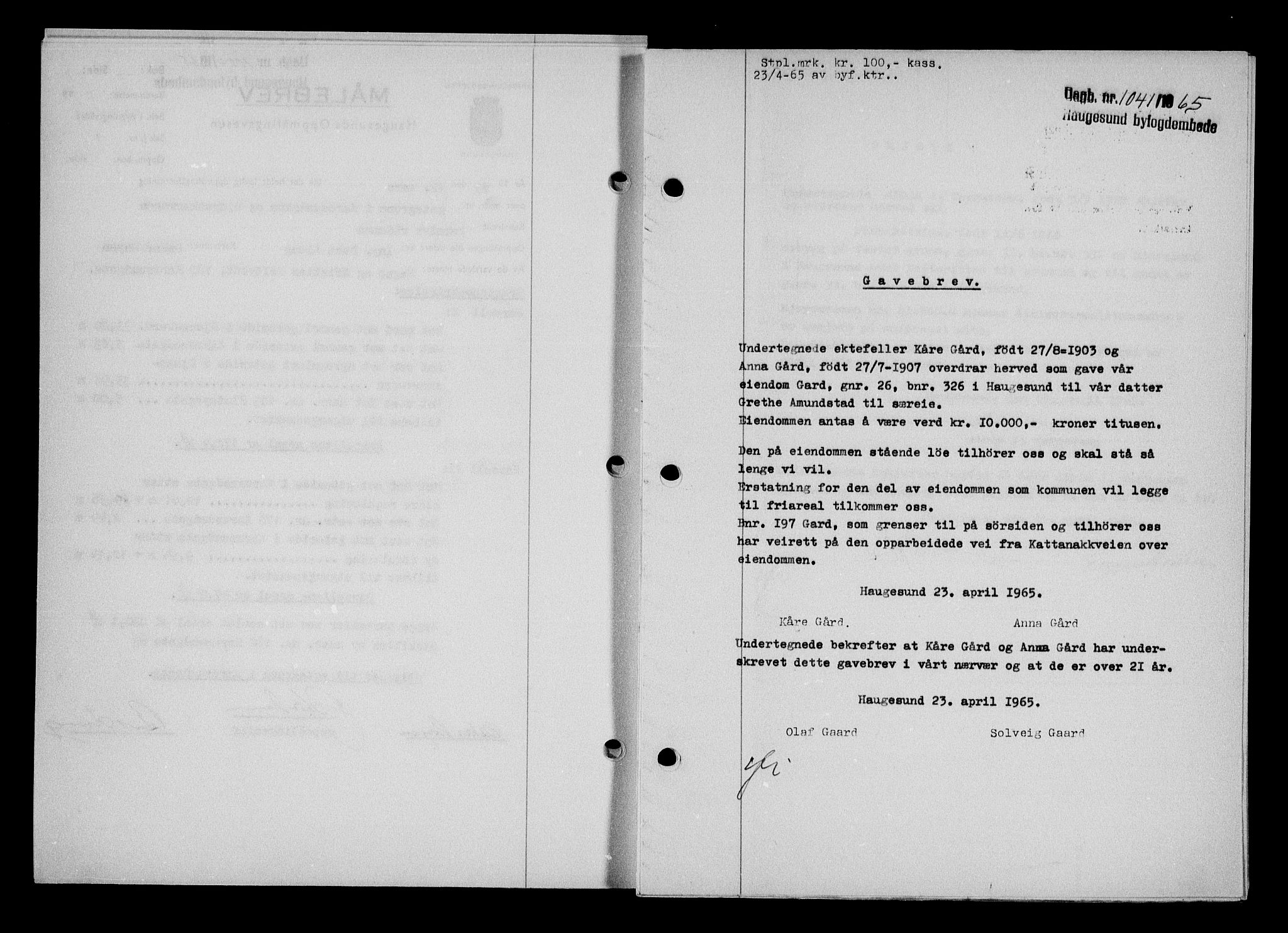 Haugesund tingrett, AV/SAST-A-101415/01/II/IIC/L0076: Mortgage book no. A 17, 1965-1966, Diary no: : 1041/1965