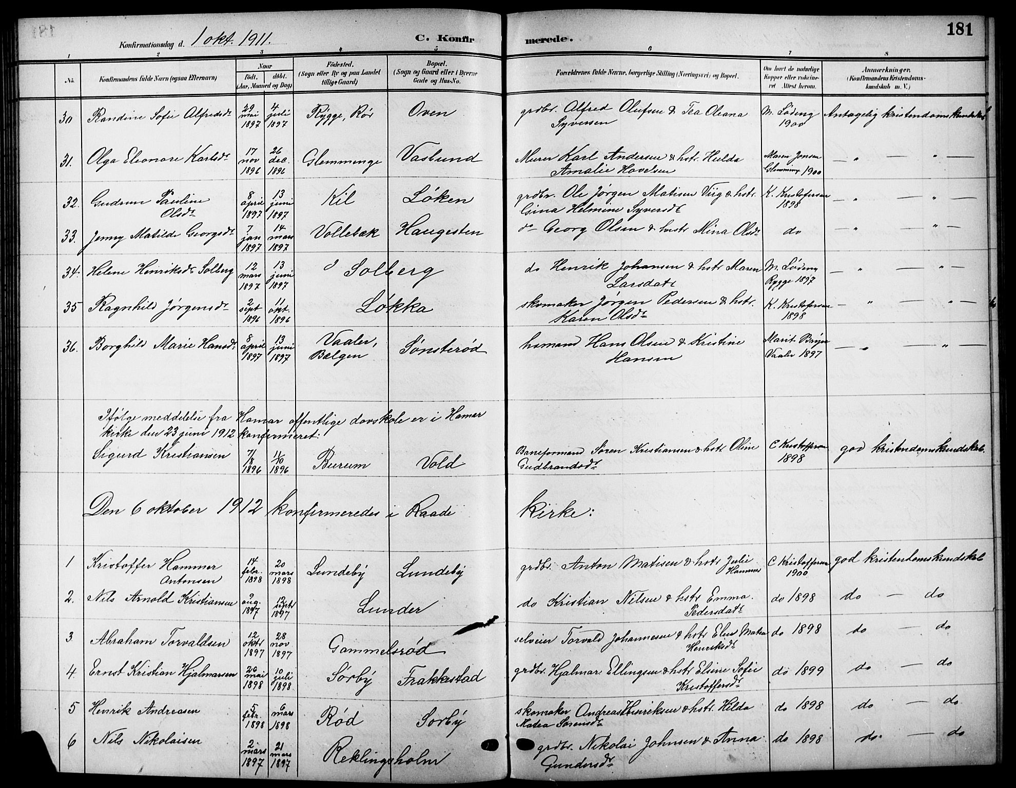 Råde prestekontor kirkebøker, AV/SAO-A-2009/G/Ga/L0001: Parish register (copy) no. 1, 1903-1925, p. 181