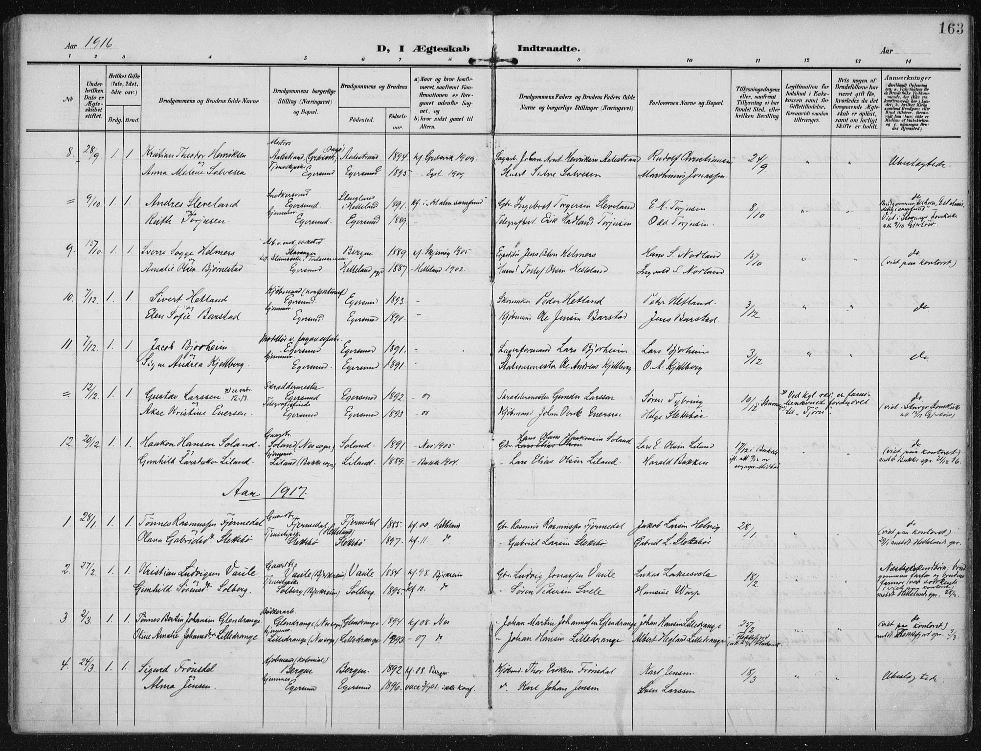 Eigersund sokneprestkontor, SAST/A-101807/S08/L0022: Parish register (official) no. A 21, 1905-1928, p. 163