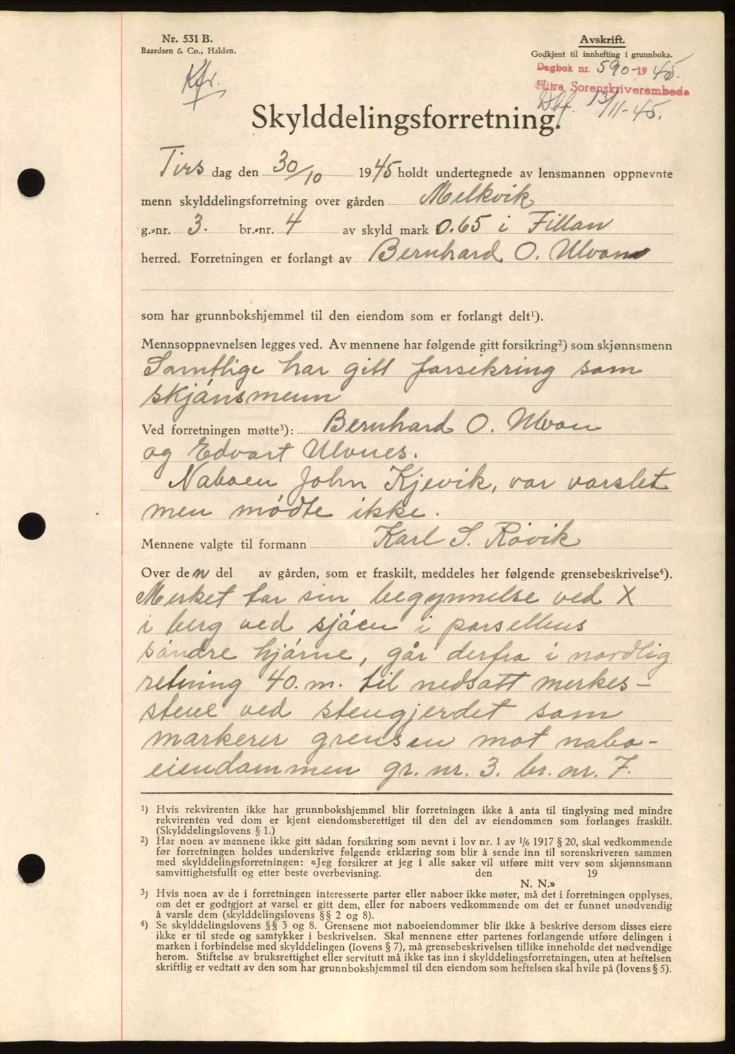 Hitra sorenskriveri, AV/SAT-A-0018/2/2C/2Ca: Mortgage book no. A2, 1943-1945, Diary no: : 590/1945