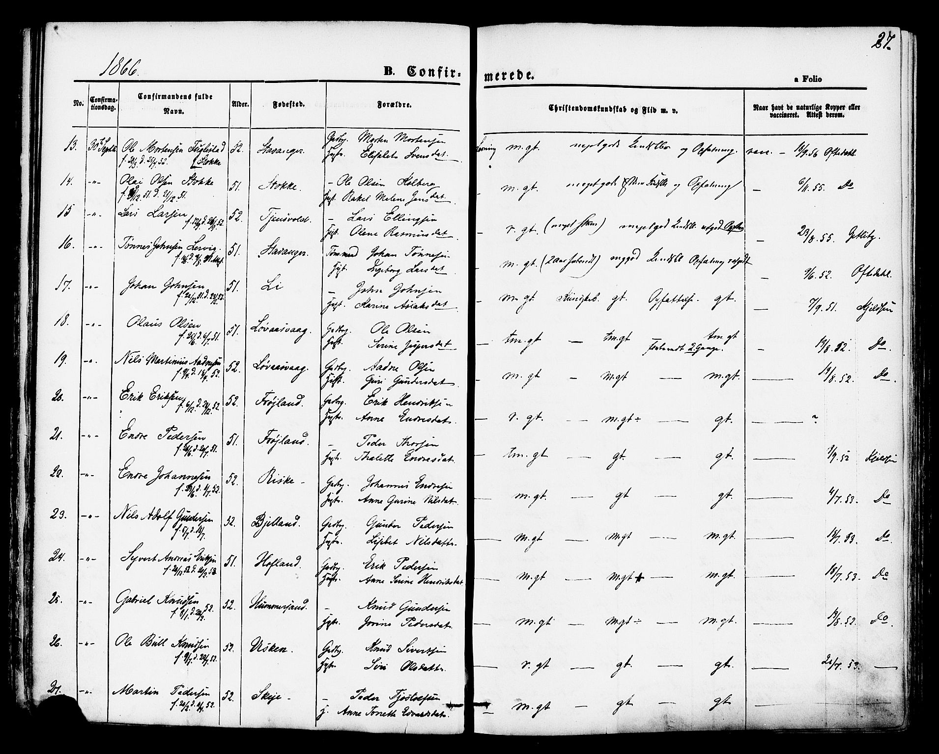 Hetland sokneprestkontor, AV/SAST-A-101826/30/30BA/L0004: Parish register (official) no. A 4, 1862-1881, p. 27