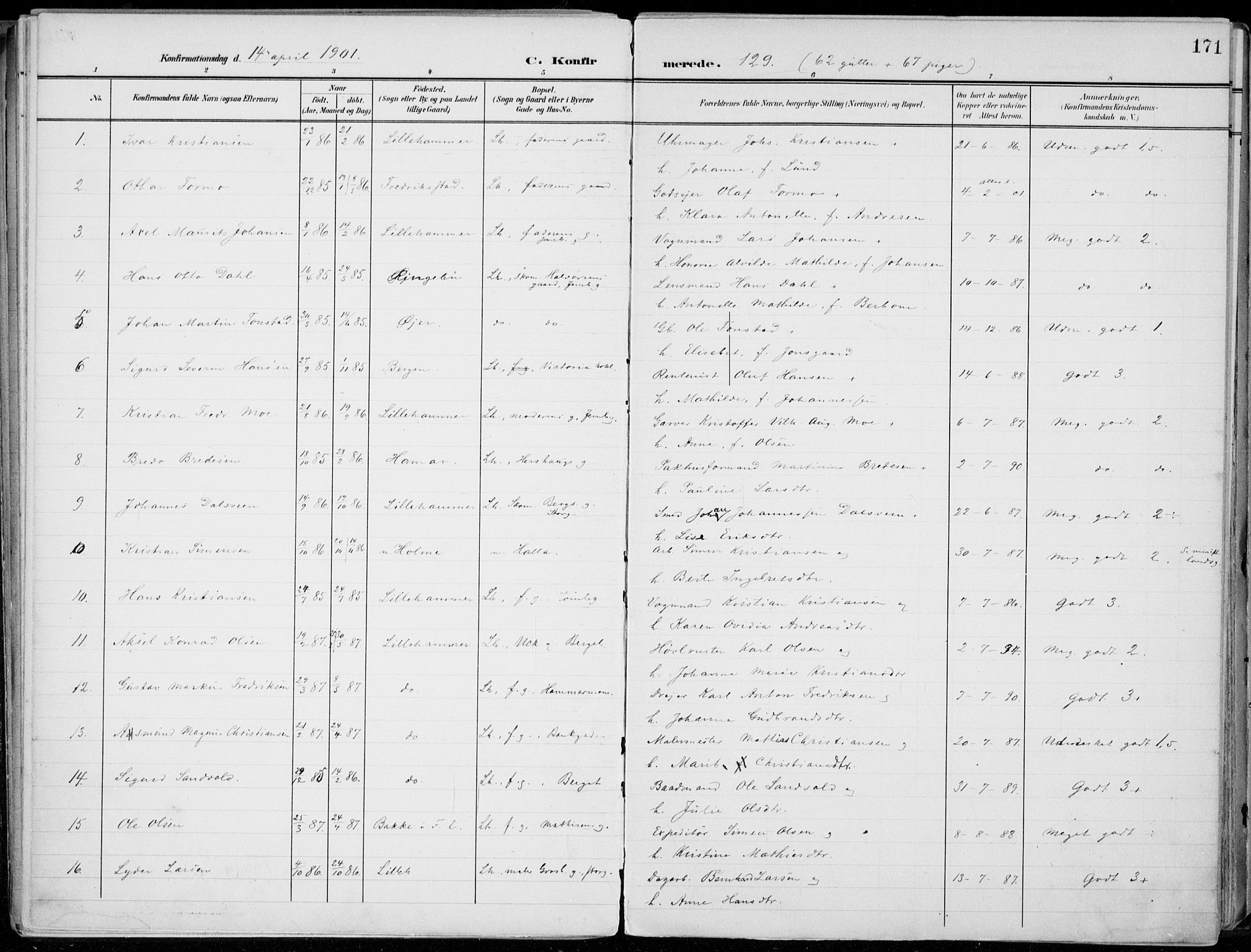 Lillehammer prestekontor, SAH/PREST-088/H/Ha/Haa/L0001: Parish register (official) no. 1, 1901-1916, p. 171