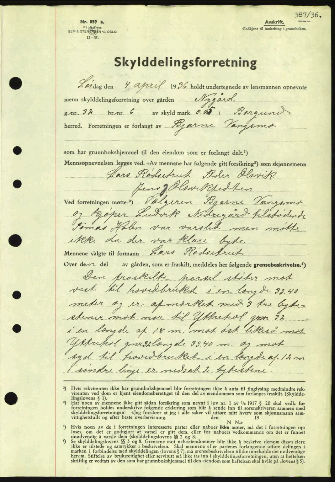 Nordre Sunnmøre sorenskriveri, AV/SAT-A-0006/1/2/2C/2Ca: Mortgage book no. A1, 1936-1936, Diary no: : 387/1936