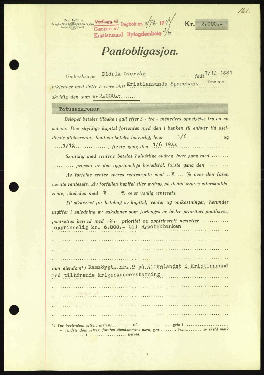Kristiansund byfogd, SAT/A-4587/A/27: Mortgage book no. 37-38, 1943-1945, Diary no: : 476/1944