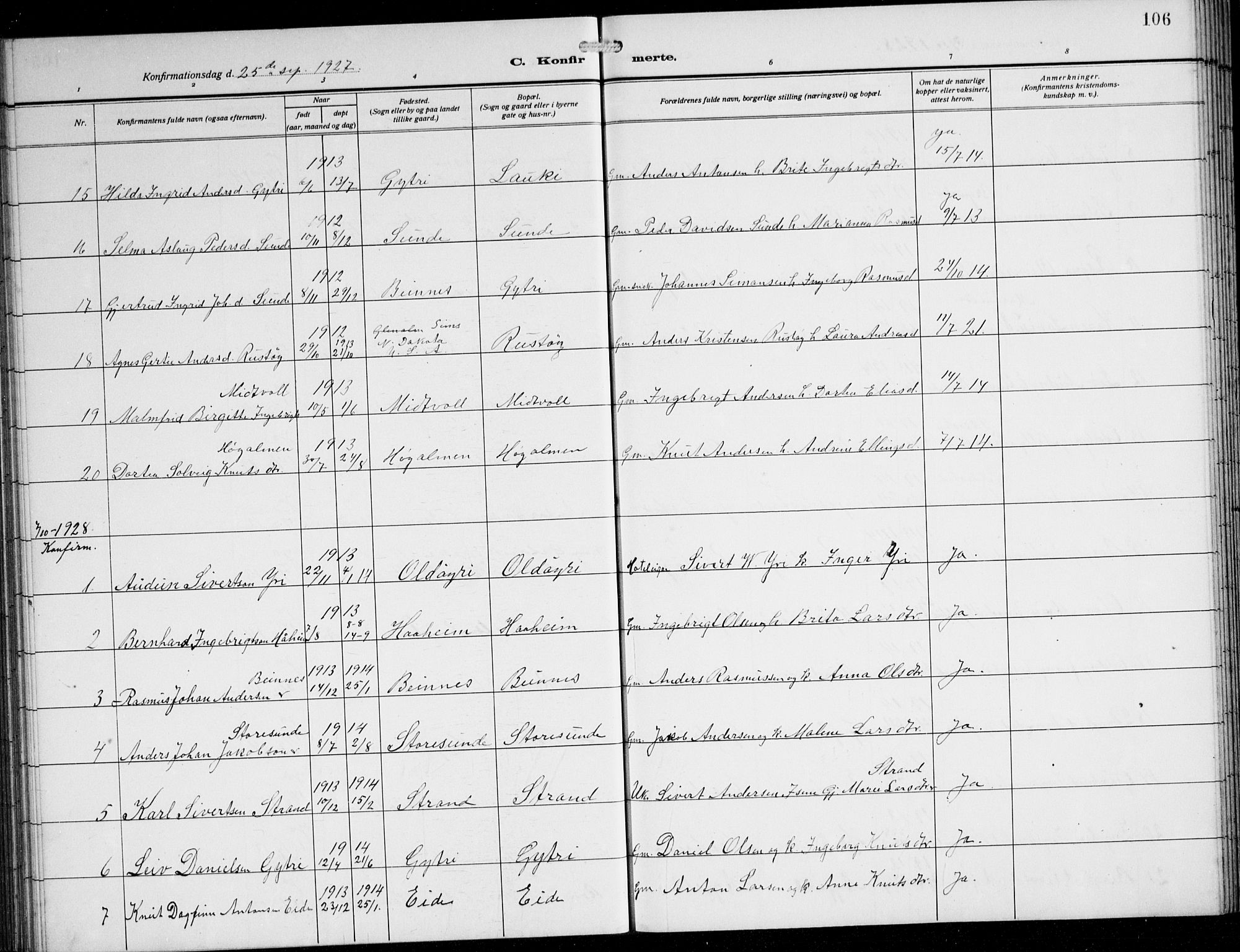 Innvik sokneprestembete, AV/SAB-A-80501: Parish register (copy) no. B 5, 1915-1943, p. 106