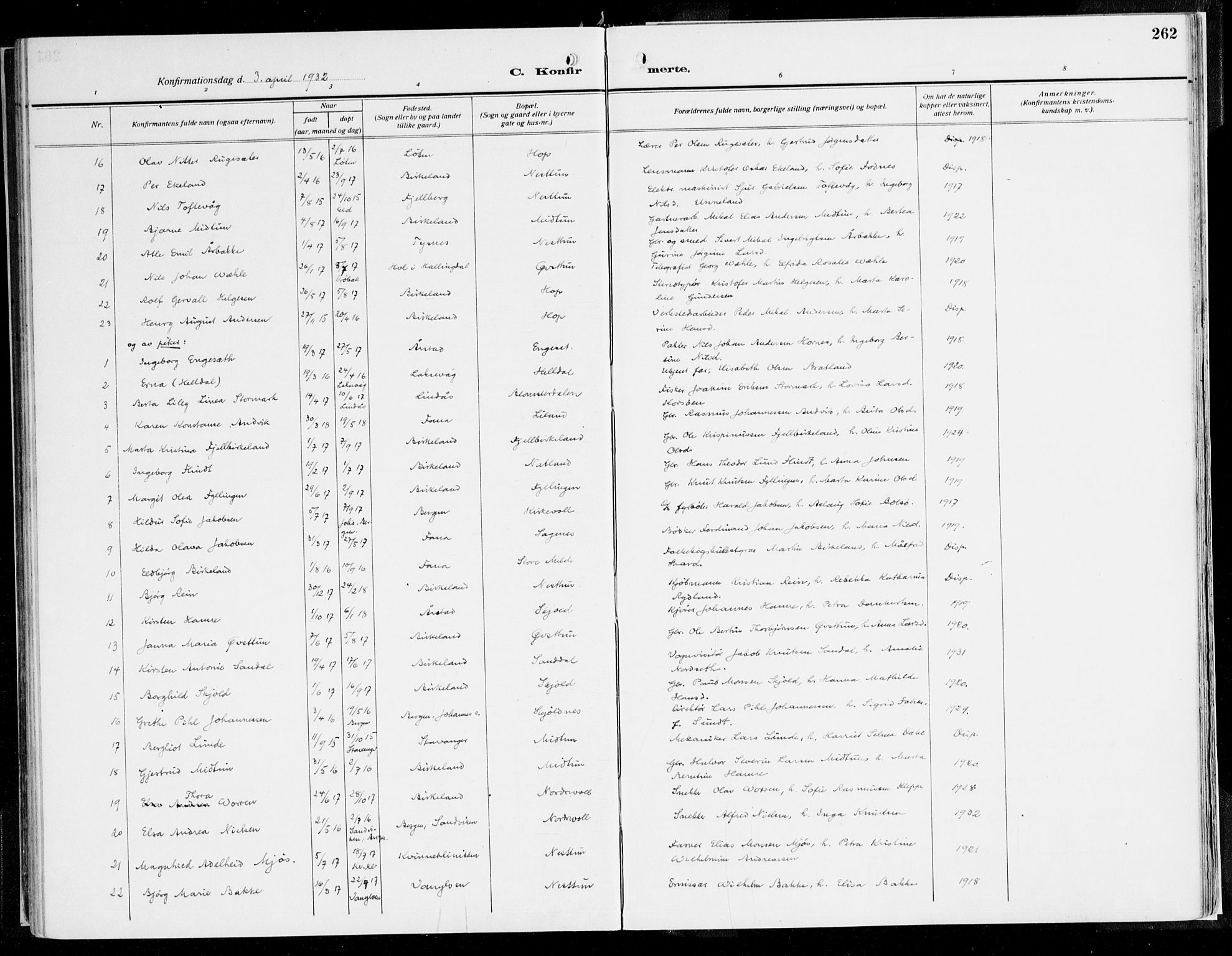 Fana Sokneprestembete, SAB/A-75101/H/Haa/Haaj/L0001: Parish register (official) no. J 1, 1921-1935, p. 262
