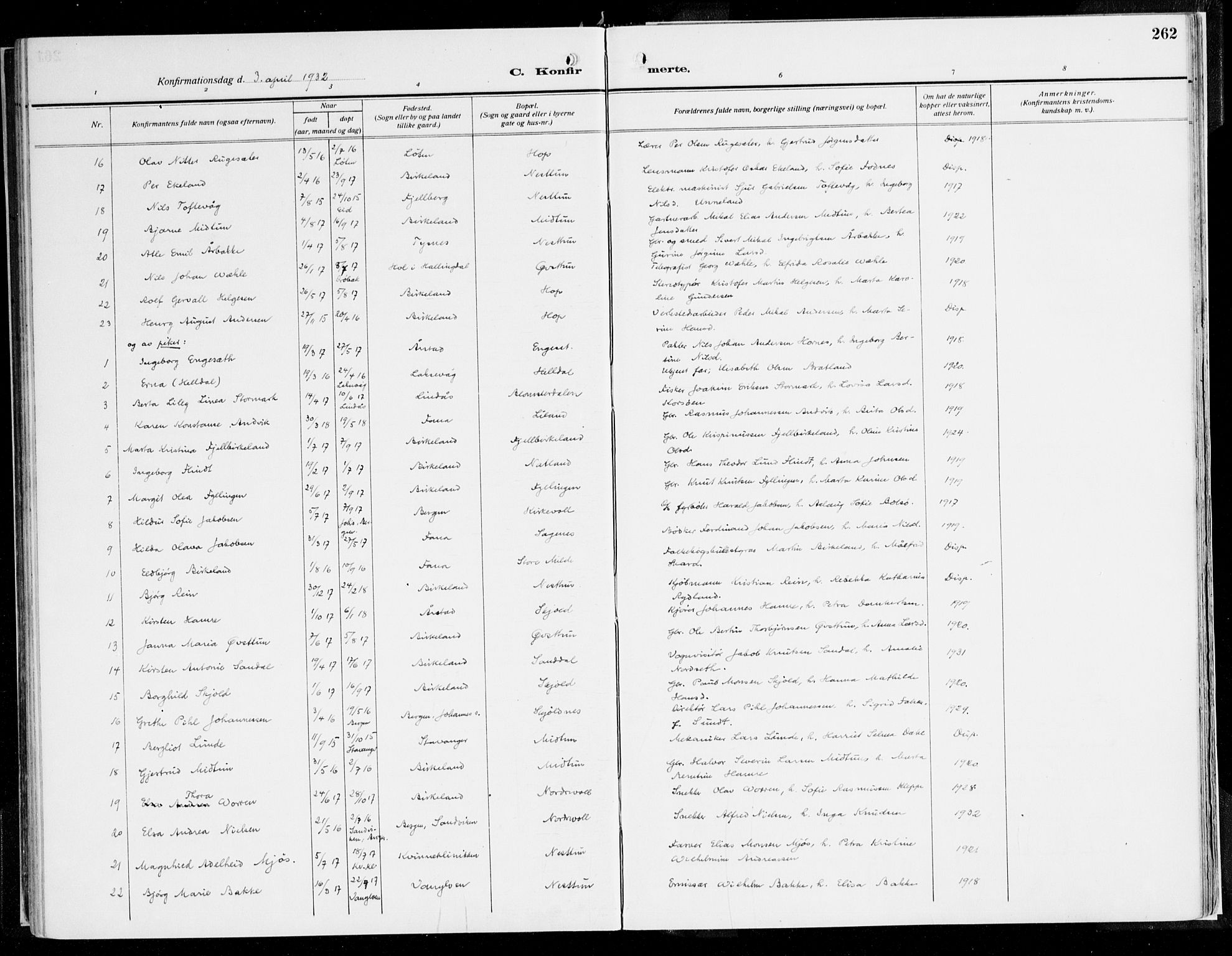 Fana Sokneprestembete, AV/SAB-A-75101/H/Haa/Haaj/L0001: Parish register (official) no. J 1, 1921-1935, p. 262