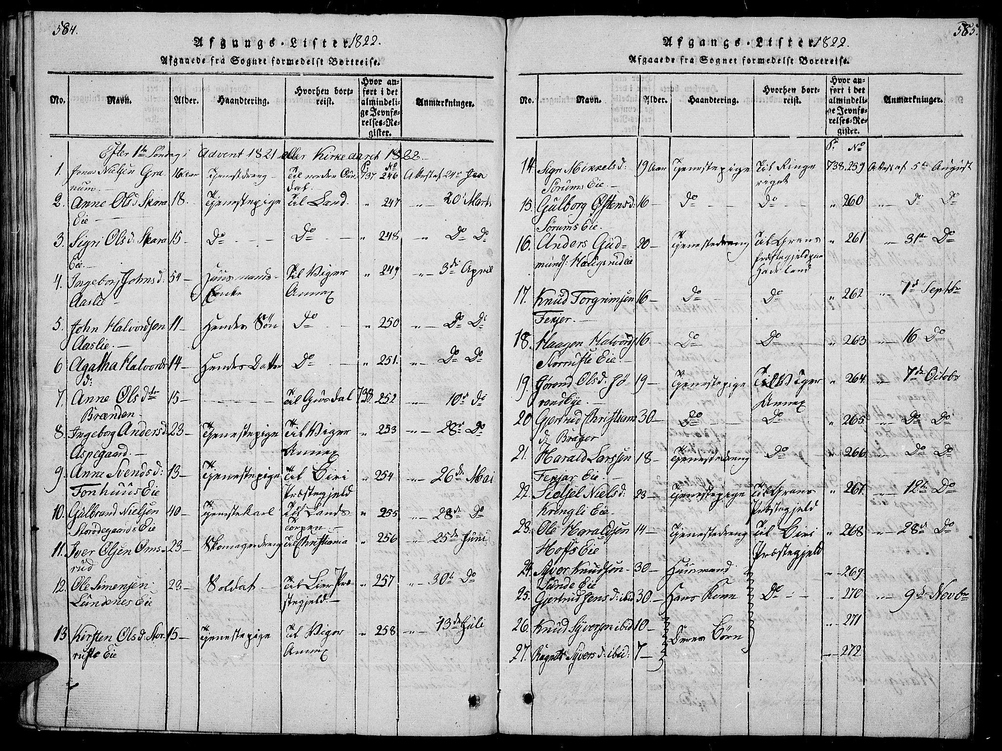 Sør-Aurdal prestekontor, SAH/PREST-128/H/Ha/Haa/L0002: Parish register (official) no. 2, 1815-1840, p. 584-585