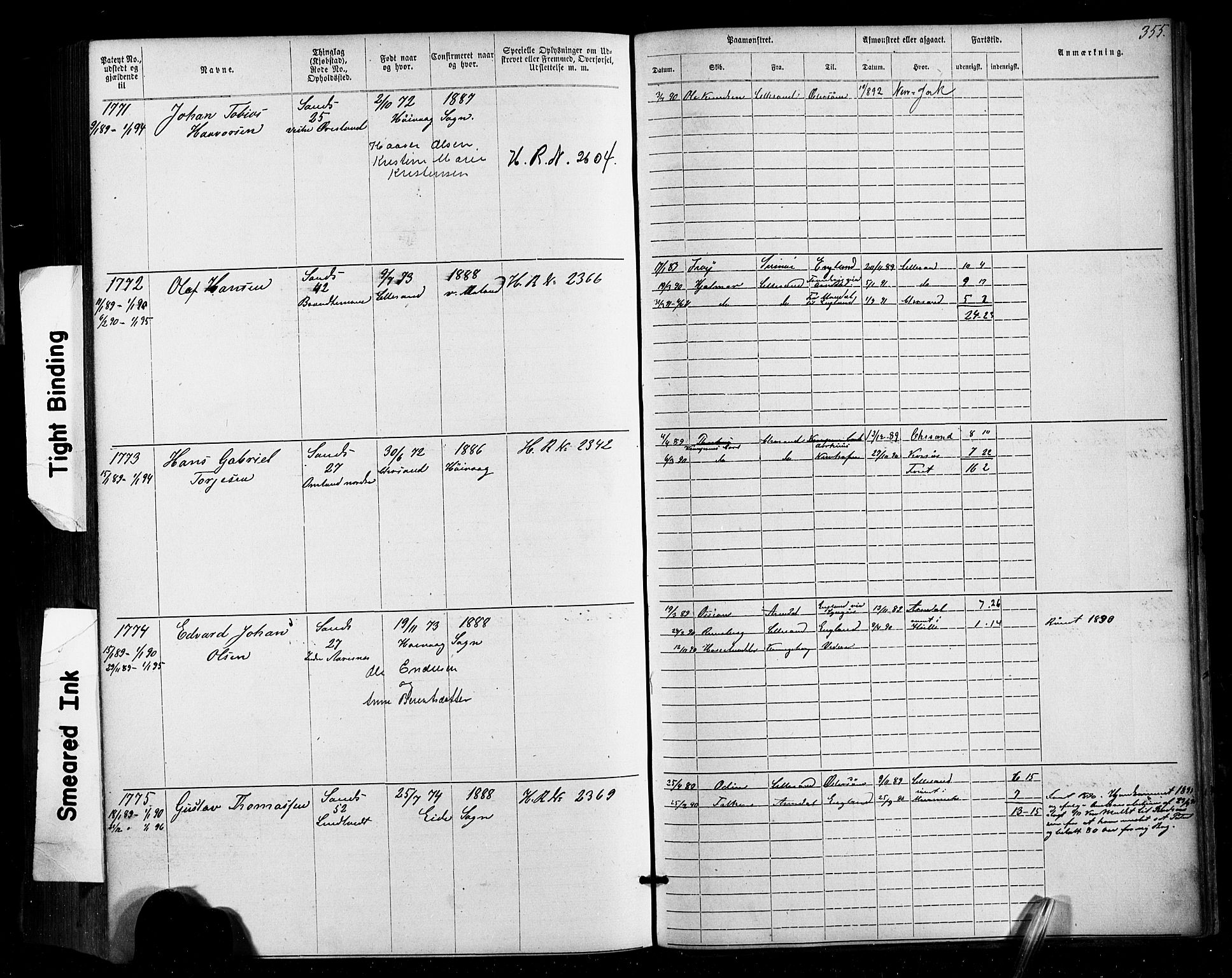 Lillesand mønstringskrets, AV/SAK-2031-0014/F/Fa/L0002: Annotasjonsrulle nr 1-1910 med register, W-8, 1868-1891, p. 364