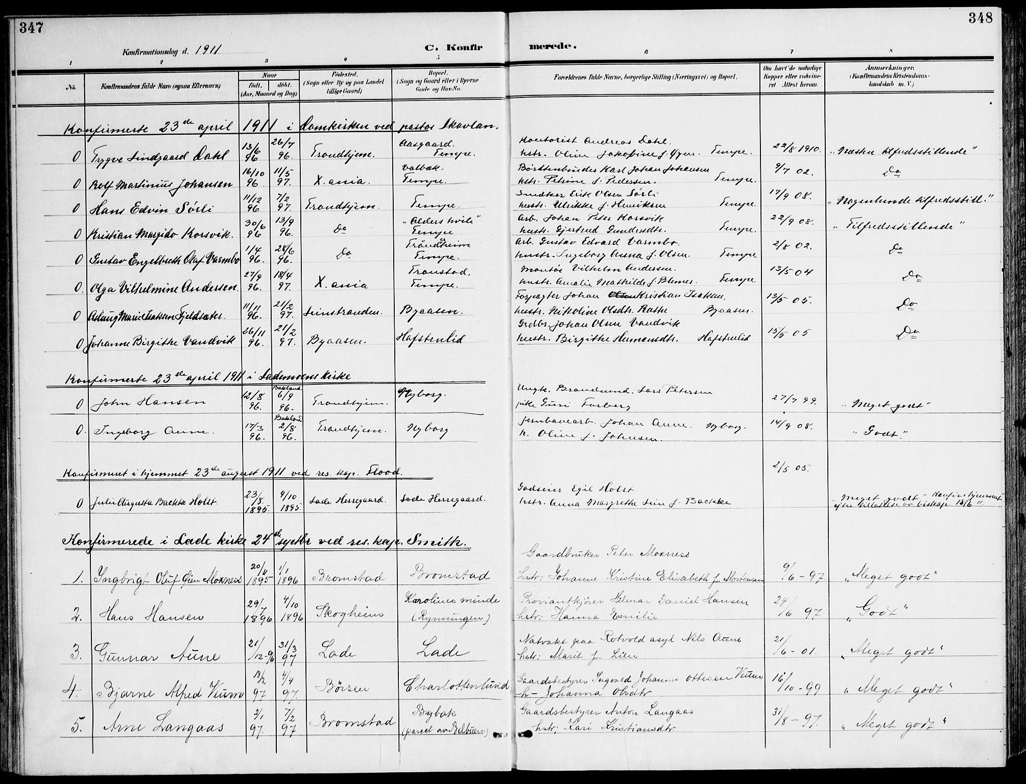 Ministerialprotokoller, klokkerbøker og fødselsregistre - Sør-Trøndelag, SAT/A-1456/607/L0320: Parish register (official) no. 607A04, 1907-1915, p. 347-348
