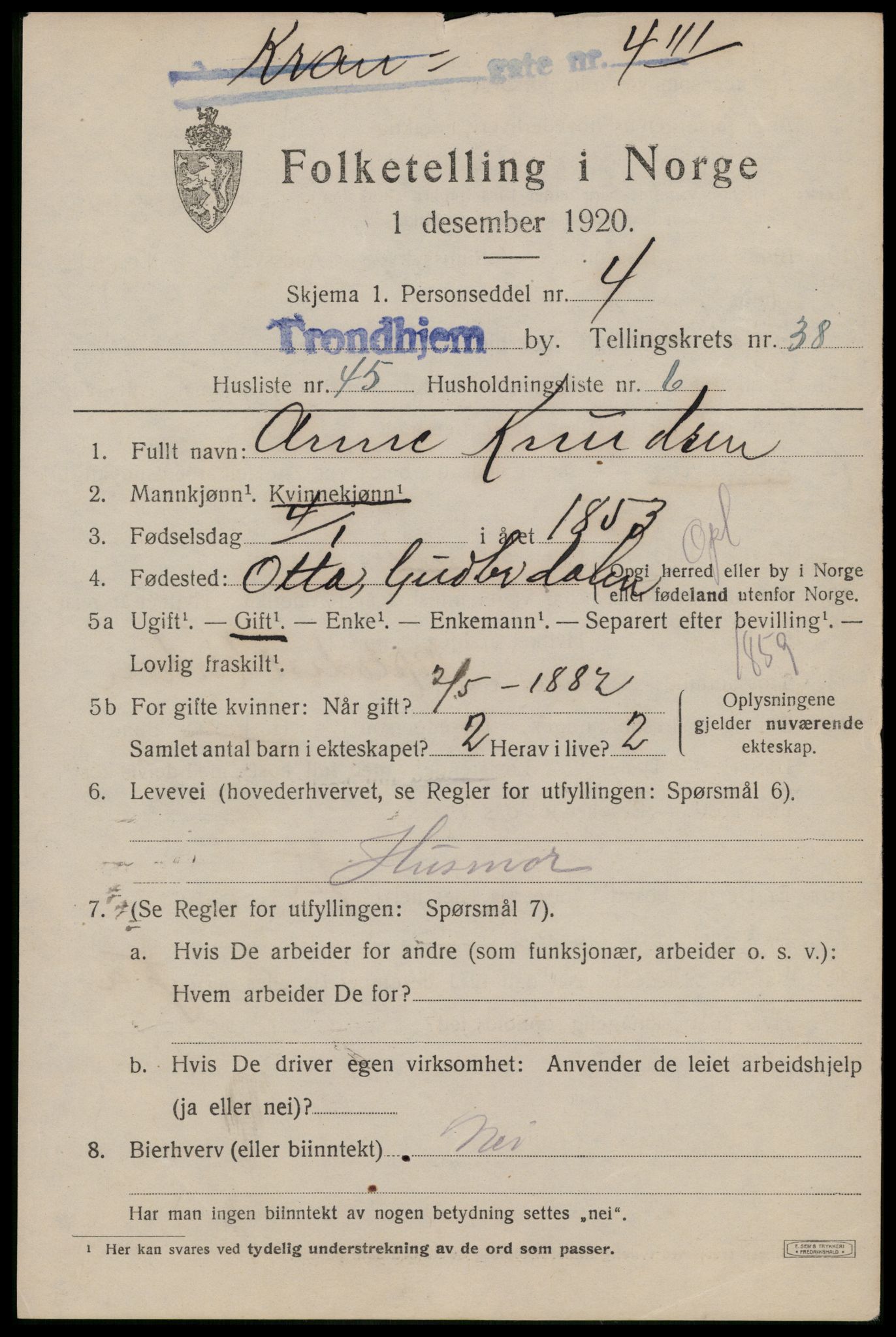 SAT, 1920 census for Trondheim, 1920, p. 87818