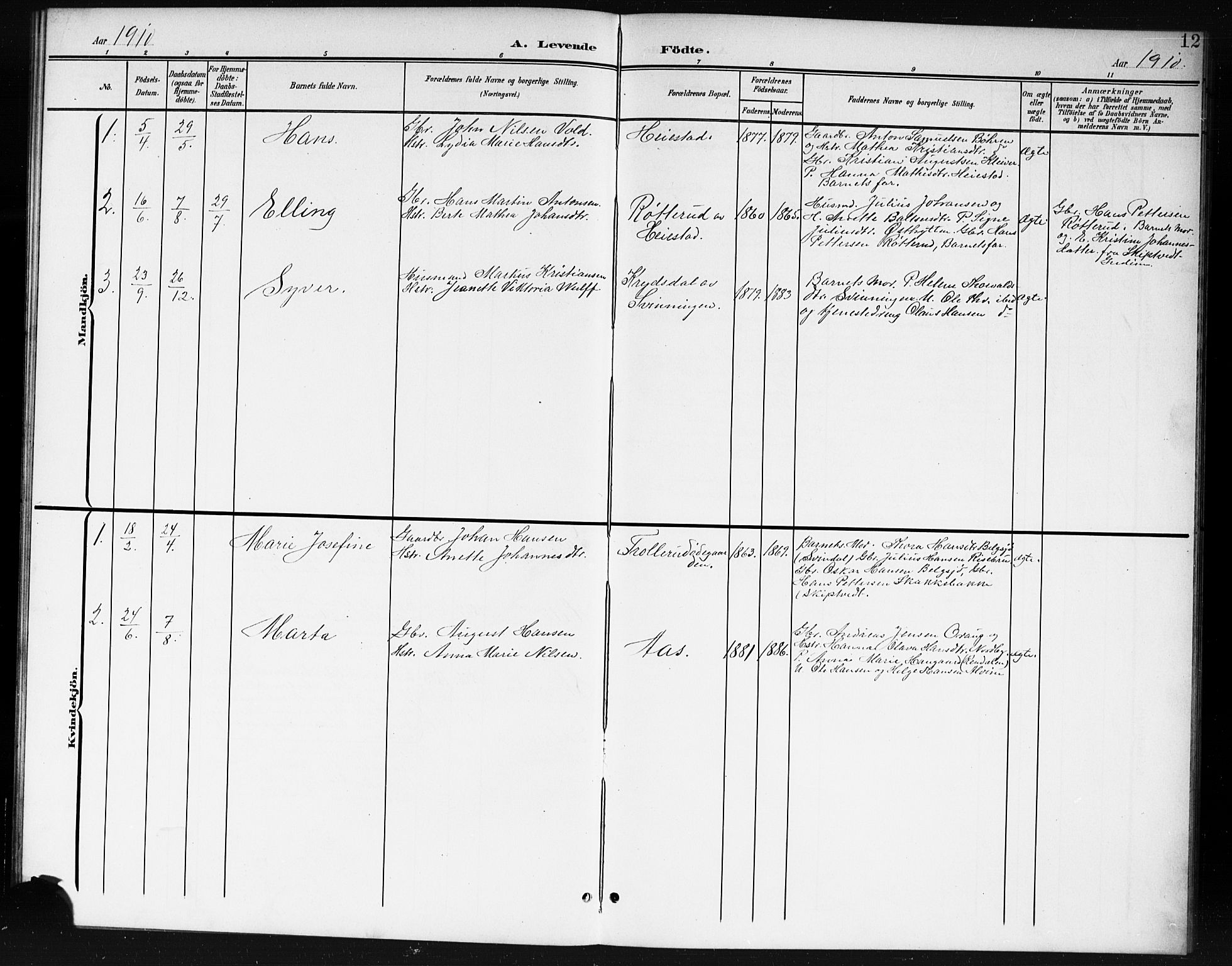 Spydeberg prestekontor Kirkebøker, AV/SAO-A-10924/G/Gc/L0001: Parish register (copy) no. III 1, 1901-1917, p. 12