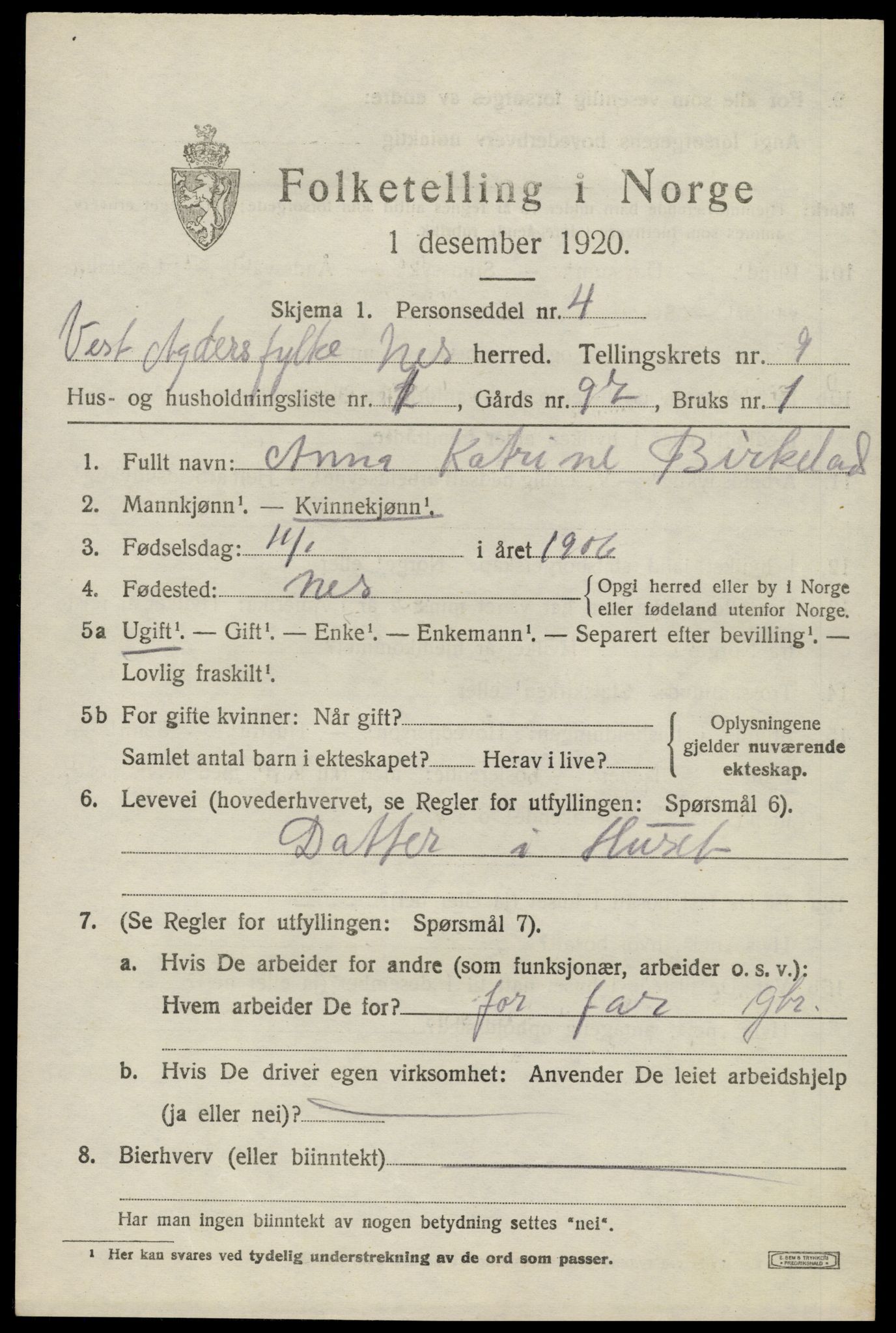 SAK, 1920 census for Nes (V-A), 1920, p. 3768