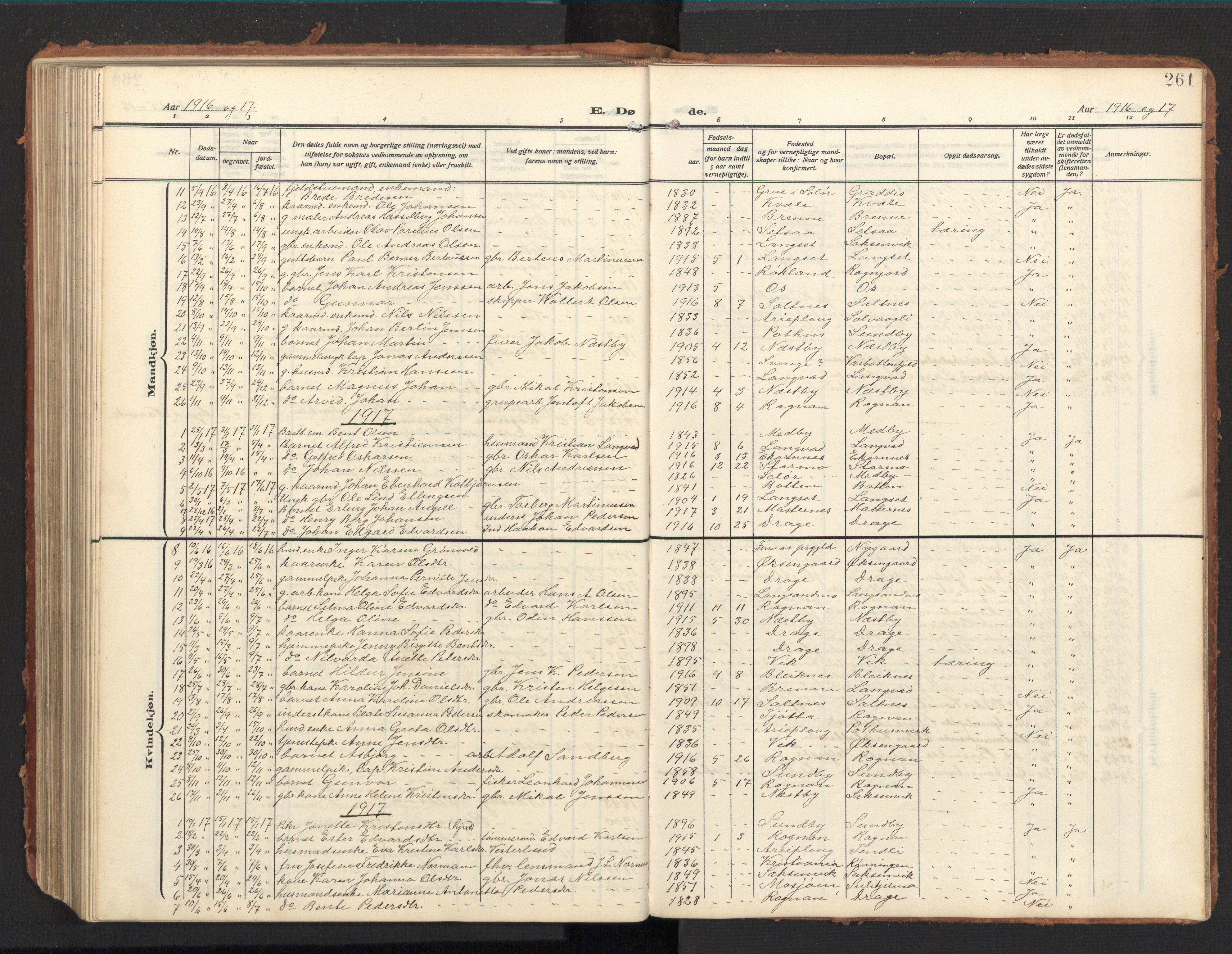 Ministerialprotokoller, klokkerbøker og fødselsregistre - Nordland, AV/SAT-A-1459/847/L0683: Parish register (copy) no. 847C11, 1908-1929, p. 261