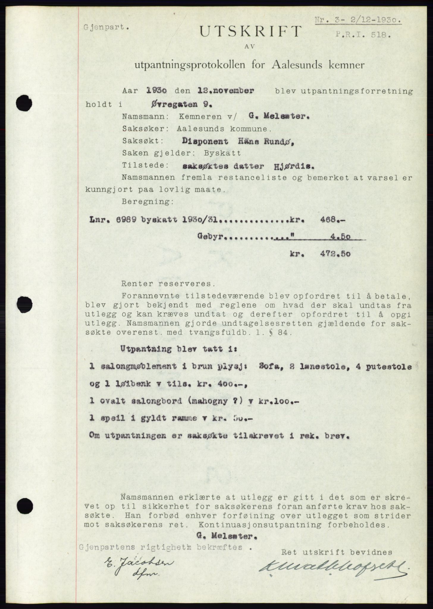 Ålesund byfogd, AV/SAT-A-4384: Mortgage book no. 26, 1930-1930, Deed date: 02.12.1930