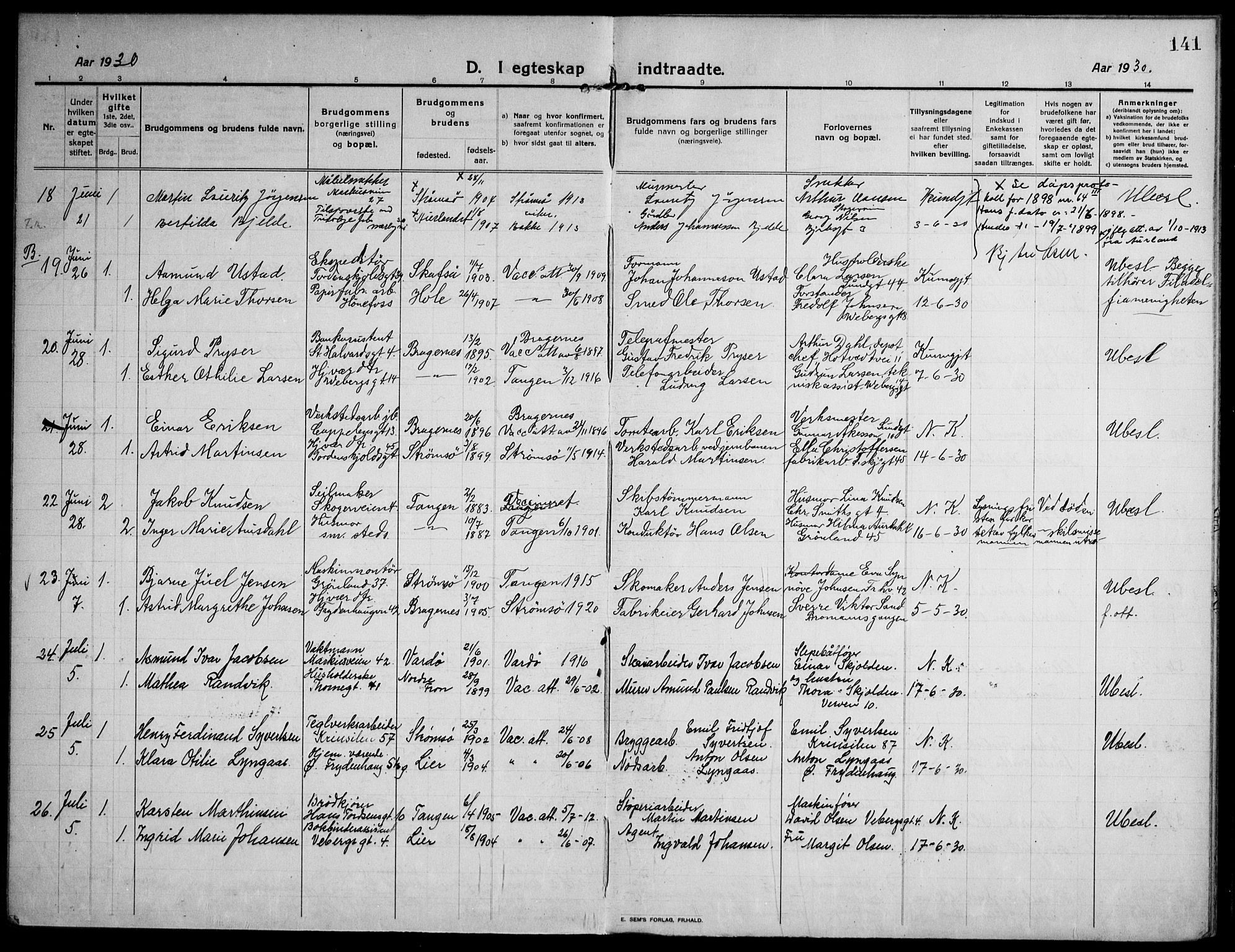 Strømsø kirkebøker, AV/SAKO-A-246/F/Fa/L0027: Parish register (official) no. I 28, 1912-1931, p. 141