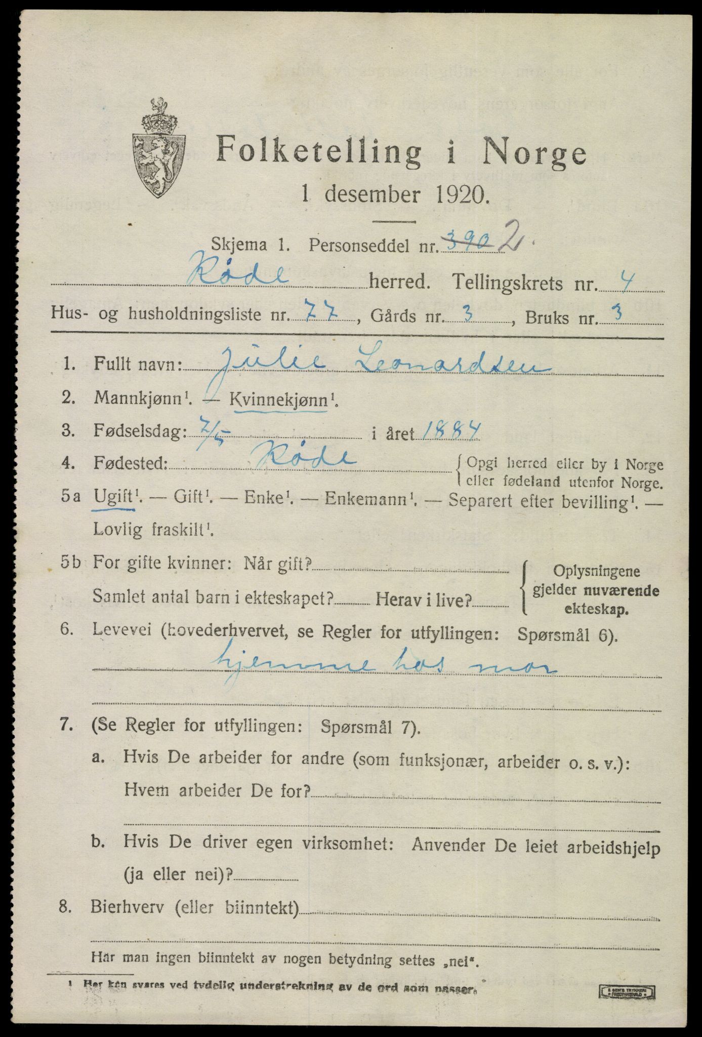 SAO, 1920 census for Råde, 1920, p. 4821