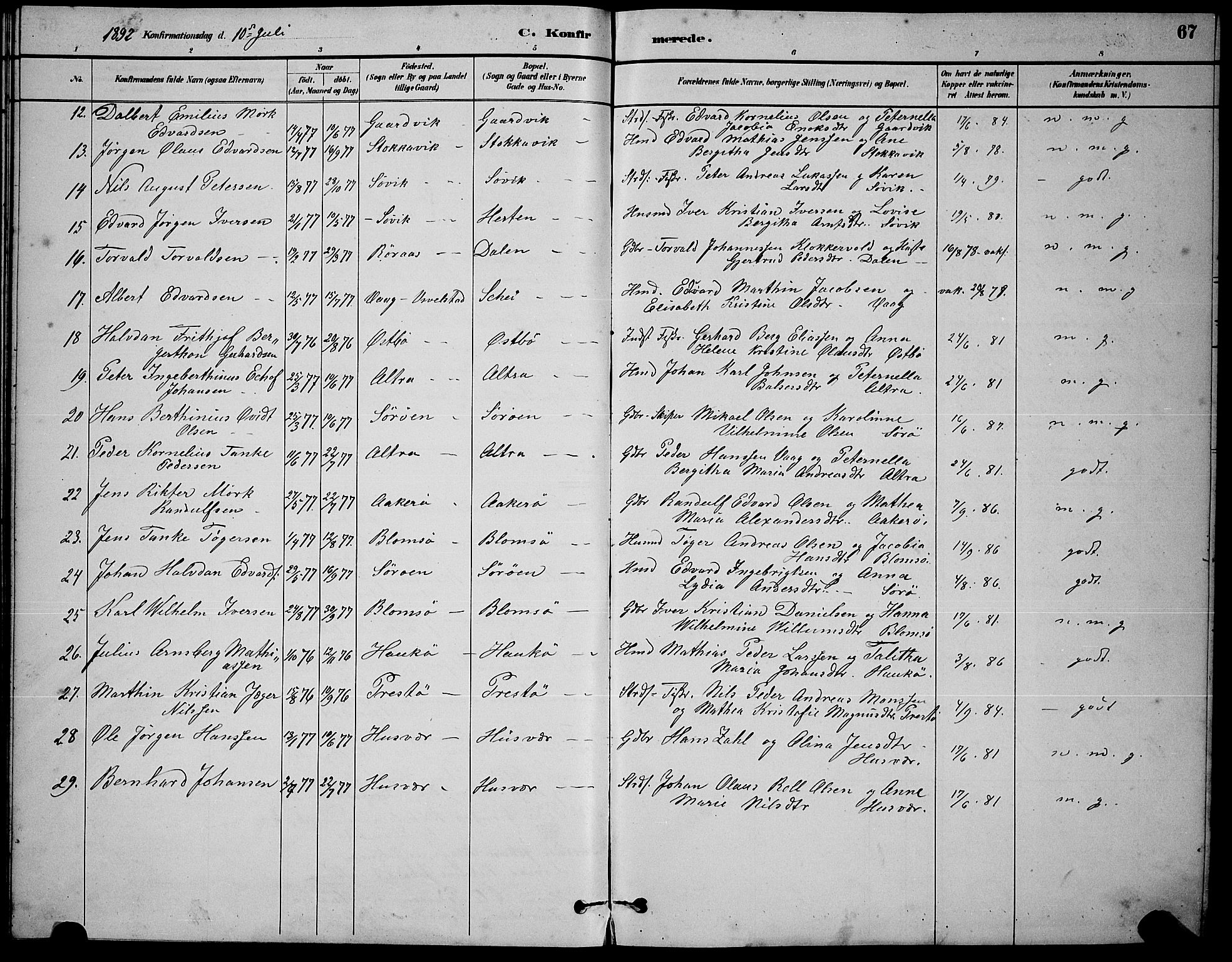 Ministerialprotokoller, klokkerbøker og fødselsregistre - Nordland, AV/SAT-A-1459/830/L0462: Parish register (copy) no. 830C04, 1882-1895, p. 67