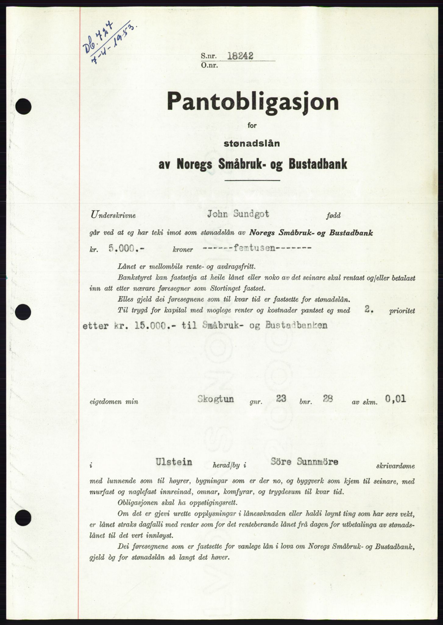 Søre Sunnmøre sorenskriveri, SAT/A-4122/1/2/2C/L0123: Mortgage book no. 11B, 1953-1953, Diary no: : 727/1953