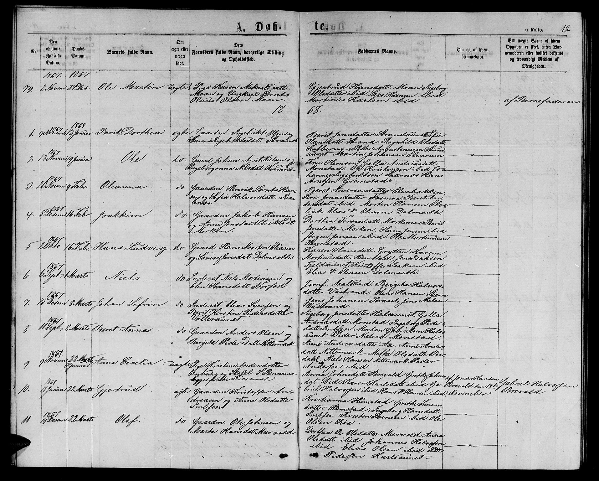 Ministerialprotokoller, klokkerbøker og fødselsregistre - Sør-Trøndelag, AV/SAT-A-1456/655/L0686: Parish register (copy) no. 655C02, 1866-1879, p. 12