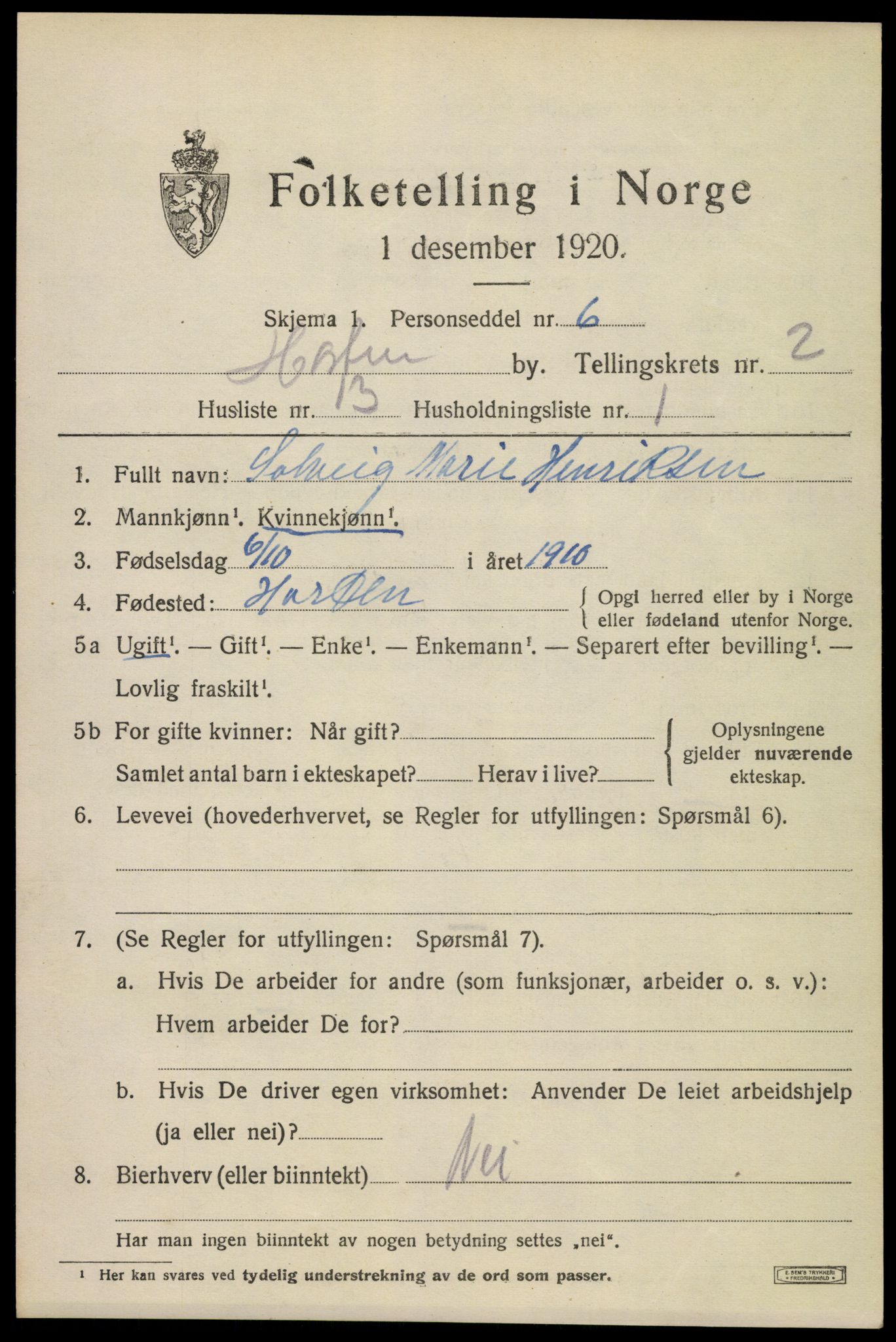 SAKO, 1920 census for Horten, 1920, p. 10367