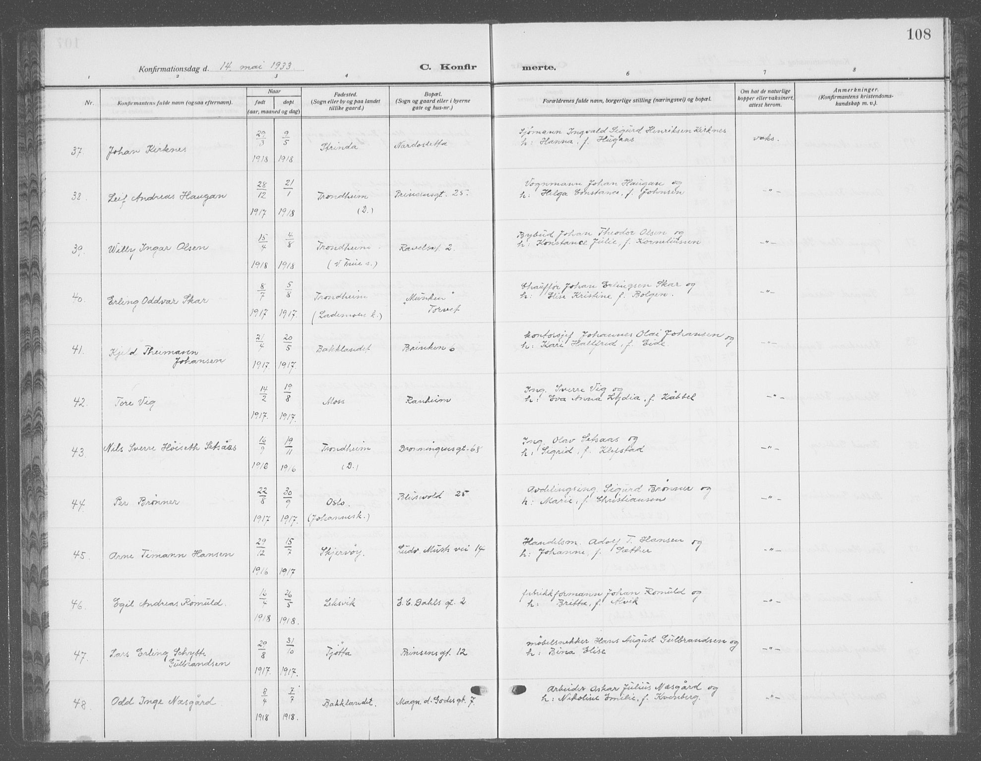 Ministerialprotokoller, klokkerbøker og fødselsregistre - Sør-Trøndelag, AV/SAT-A-1456/601/L0099: Parish register (copy) no. 601C17, 1928-1941, p. 108