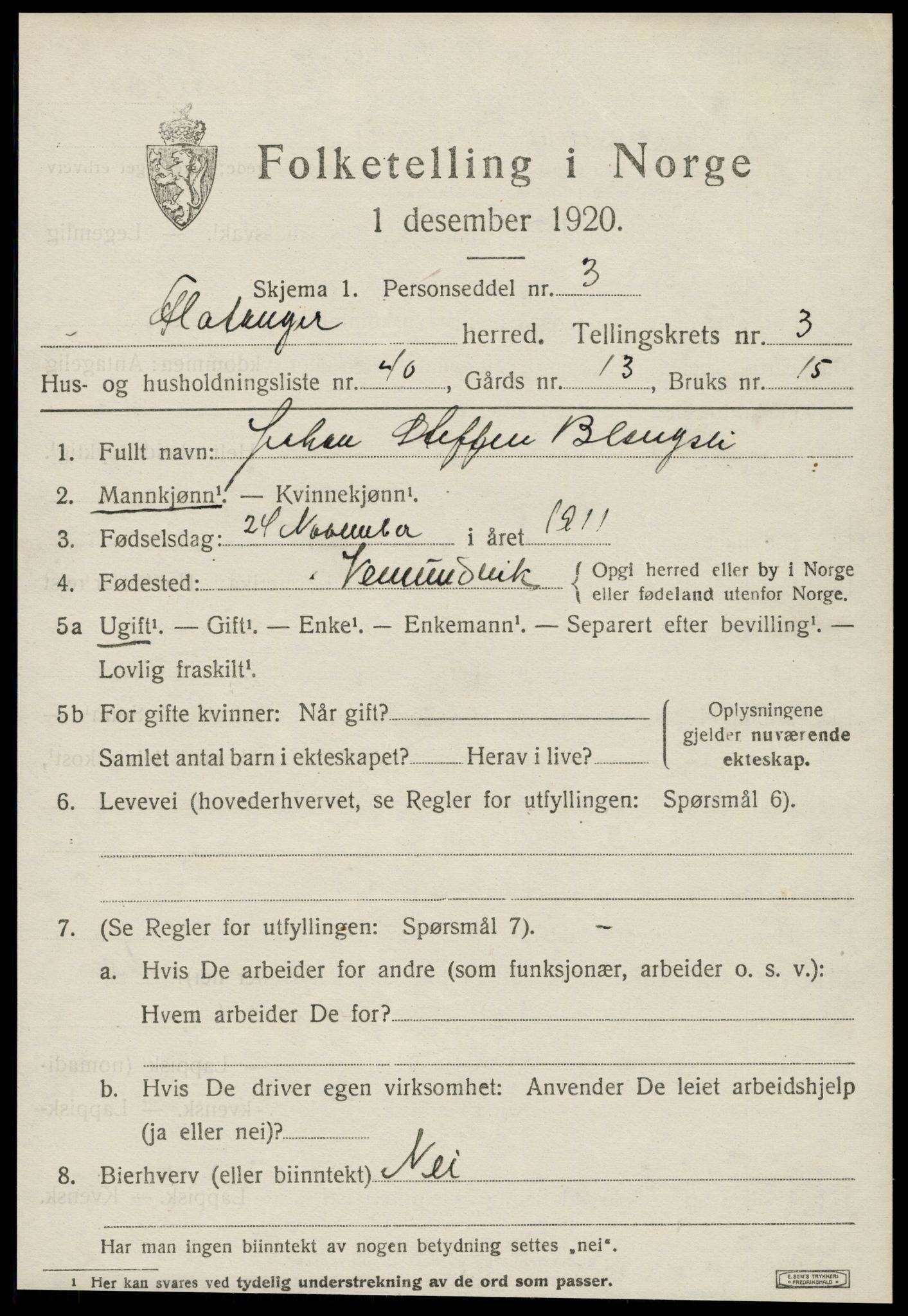 SAT, 1920 census for Flatanger, 1920, p. 2024