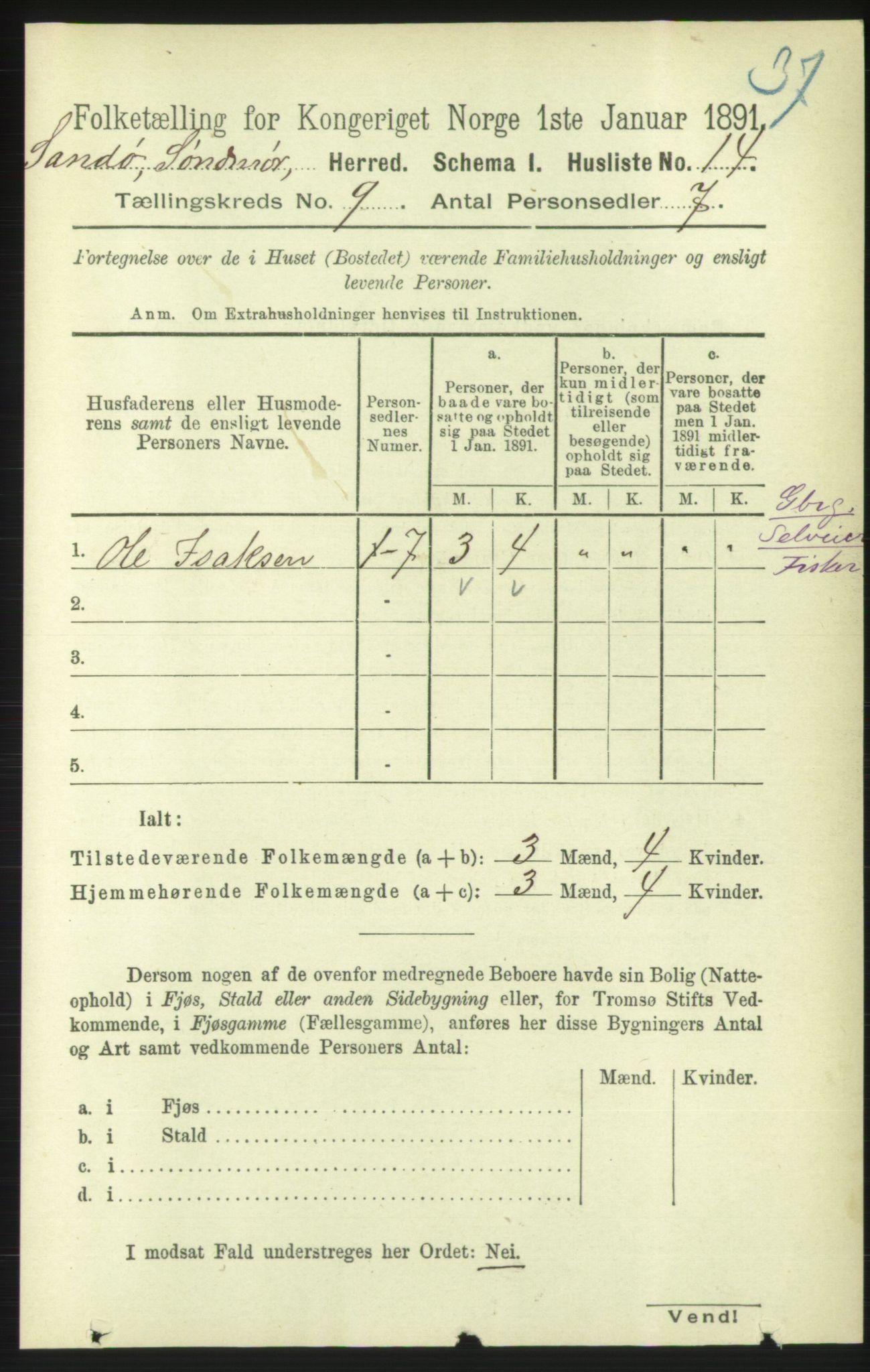 RA, 1891 census for 1514 Sande, 1891, p. 1460